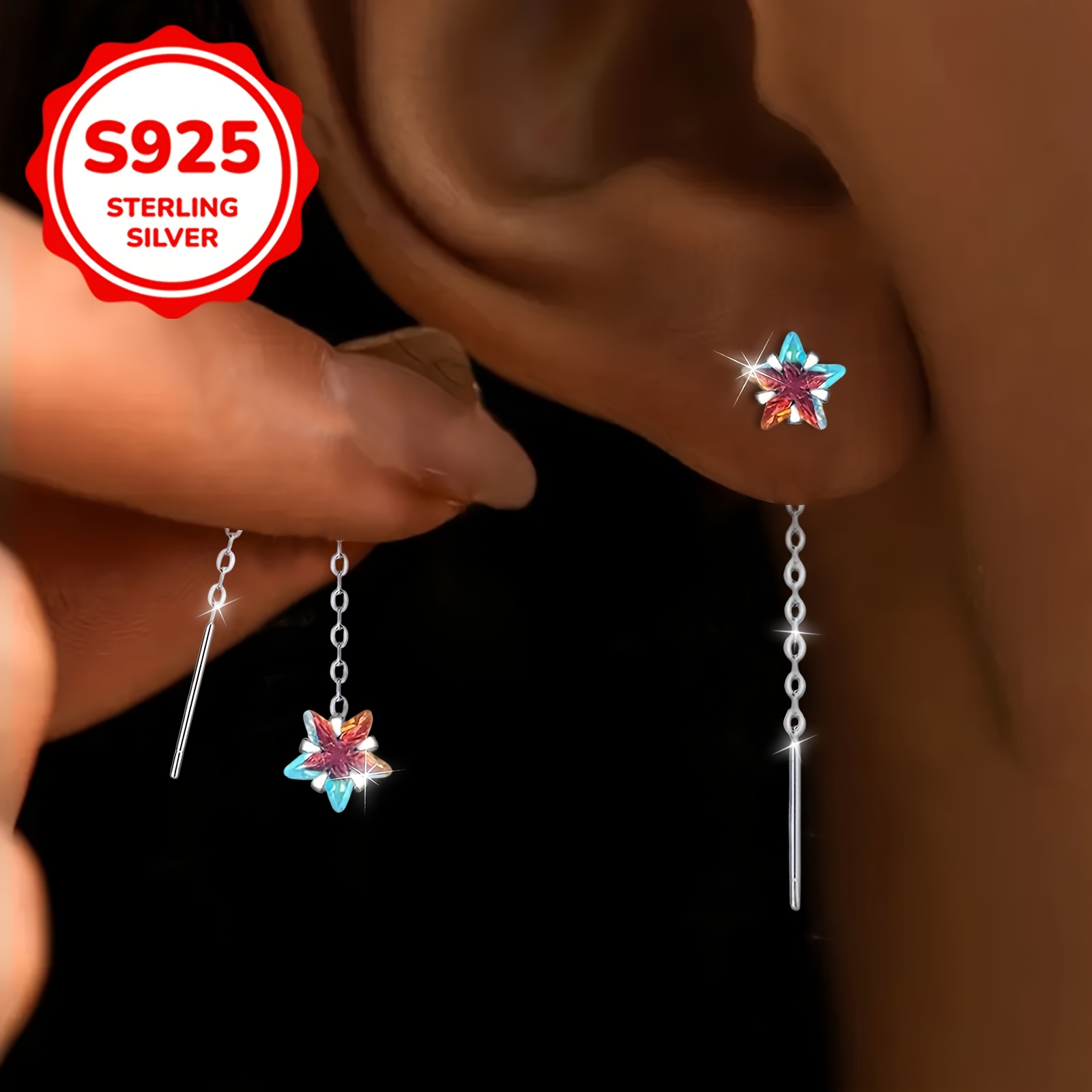 TEMU 1 Pair Of Women's Fashion Drop Earrings, Silver-colored Synthetic Synthetic Zirconia Star S925 Silver Earrings, Stylish And Versatile, Trendy