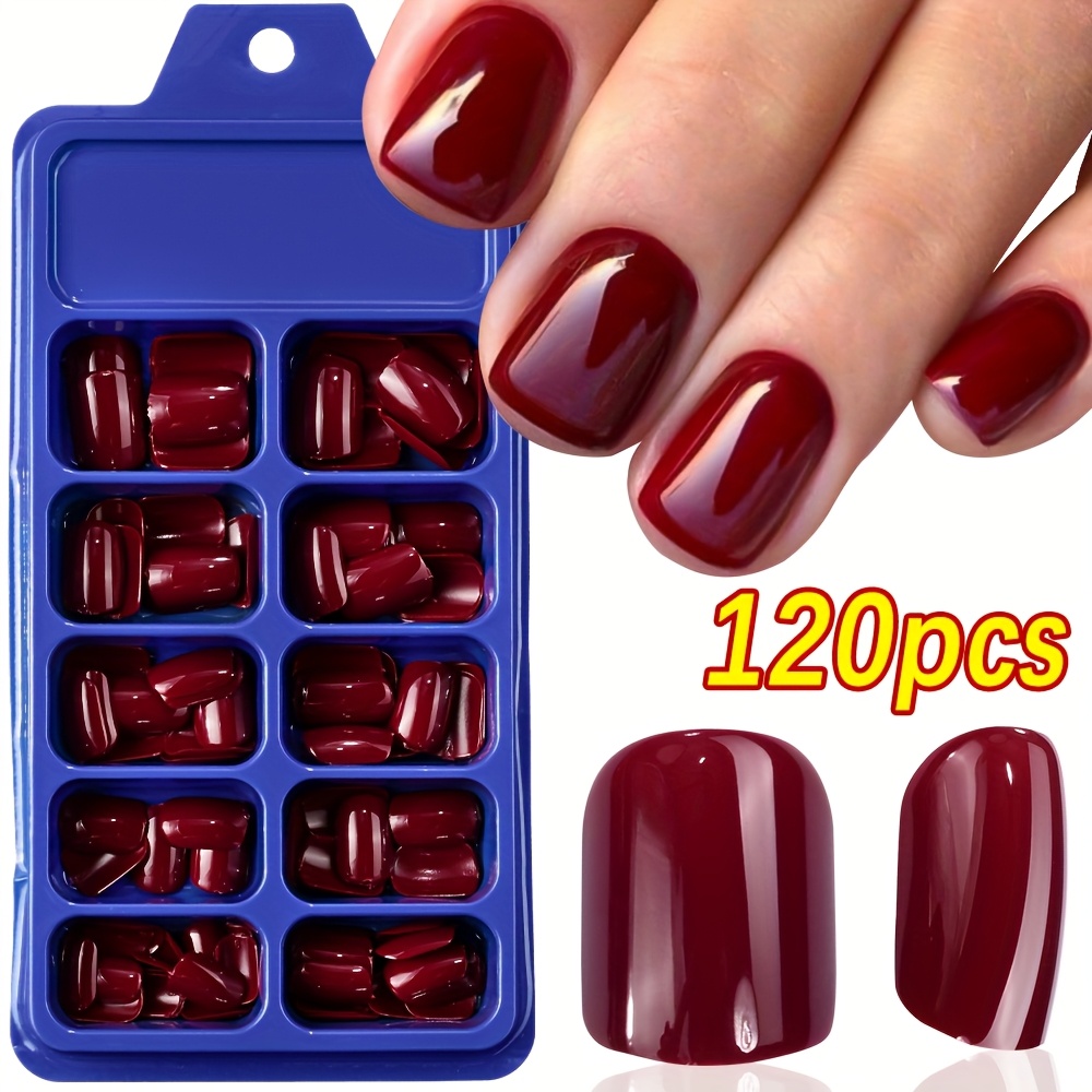 A Box Containing 120 Wine Red Short Square Press-on Nails, Fully Covering And In 12 Sizes, Use By Women