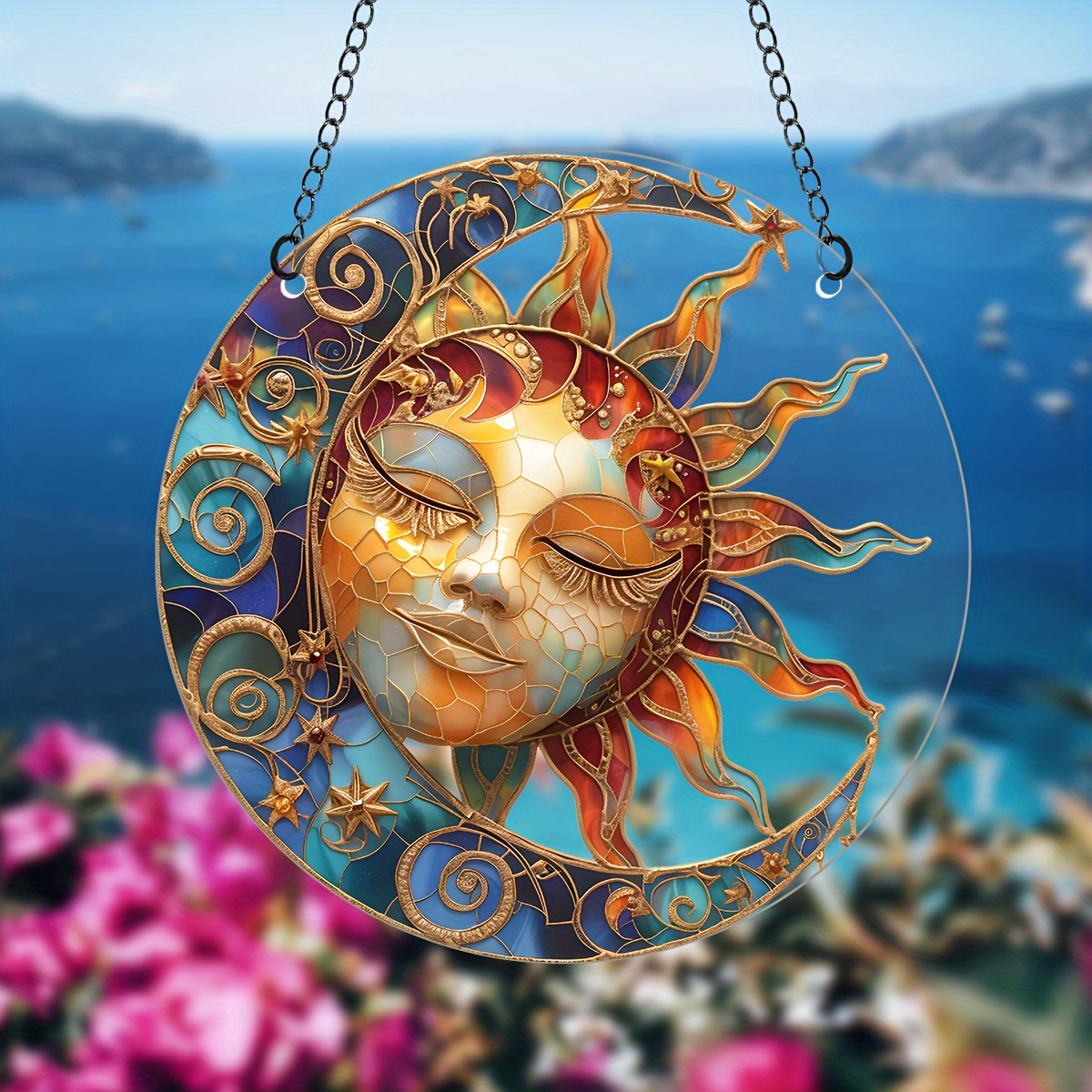 

eternal Cycle" Moon & Sun Acrylic Hanging Decor - 5.9" Transparent Round Pendant, Colorful Artistic Home Accent For Bedroom, Living Room, And Window Sill