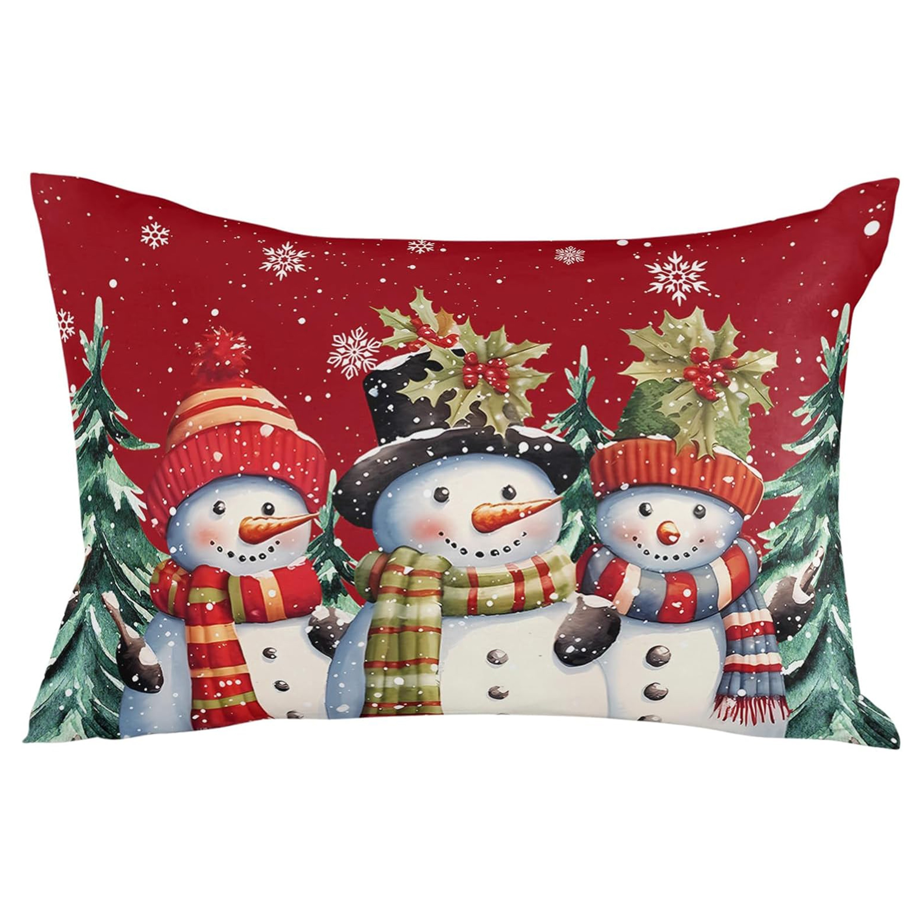 

Snowman & Red Christmas Hat Pillow Cover - Soft Polyester, Zippered, Machine Washable For Bedroom, Sofa, Car Decor (1pc, No Insert)