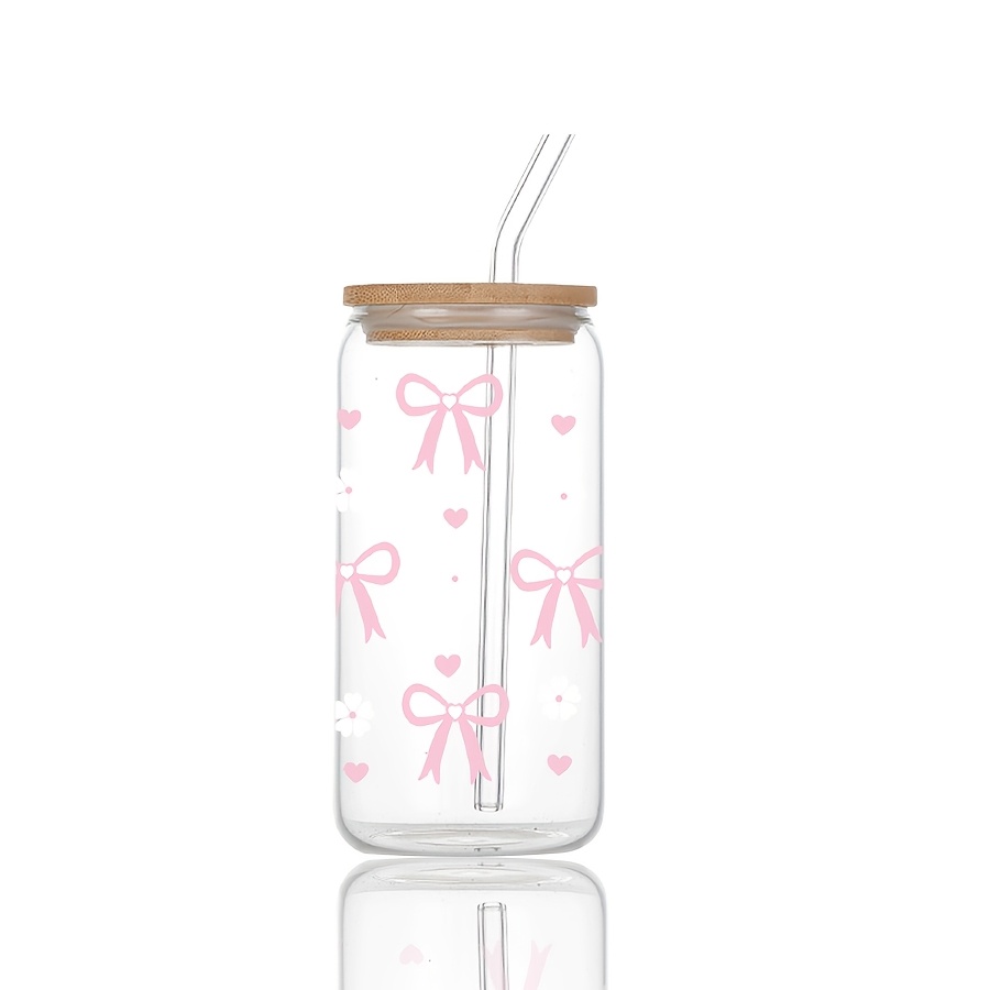 1pc -ounce Glass Soda Can Featuring A Lid And A Glass Straw, With Uv Printing, A Pink Bow, And White Flowers, Showcasing A . This Glass Cup Is Perfect For Coffee, Juice, Or As A Drinking Jar