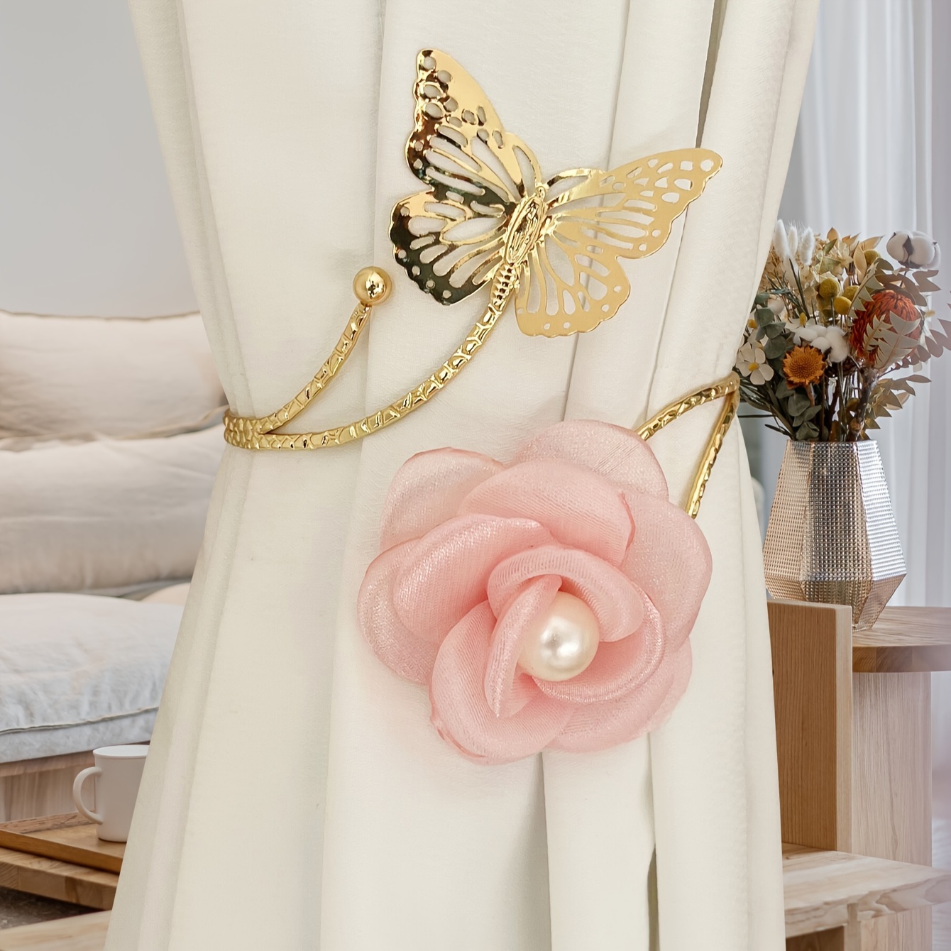 1PC 3D Butterfly Flower Faux Pearl Curtain Buckle, Curtain Tieback Curtain Holdback For Bedroom Living Room Curtain Tieback Home Decor