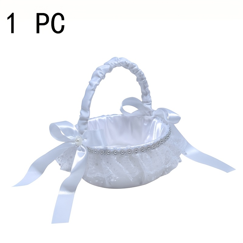 E-shop 1 Stück Vintage Rustikaler Hochzeitsblumenkorb - Weißer Satin-Rundkorb mit Griff & Schleife, Blumenhalter für Sträuße, Tischdekoration,