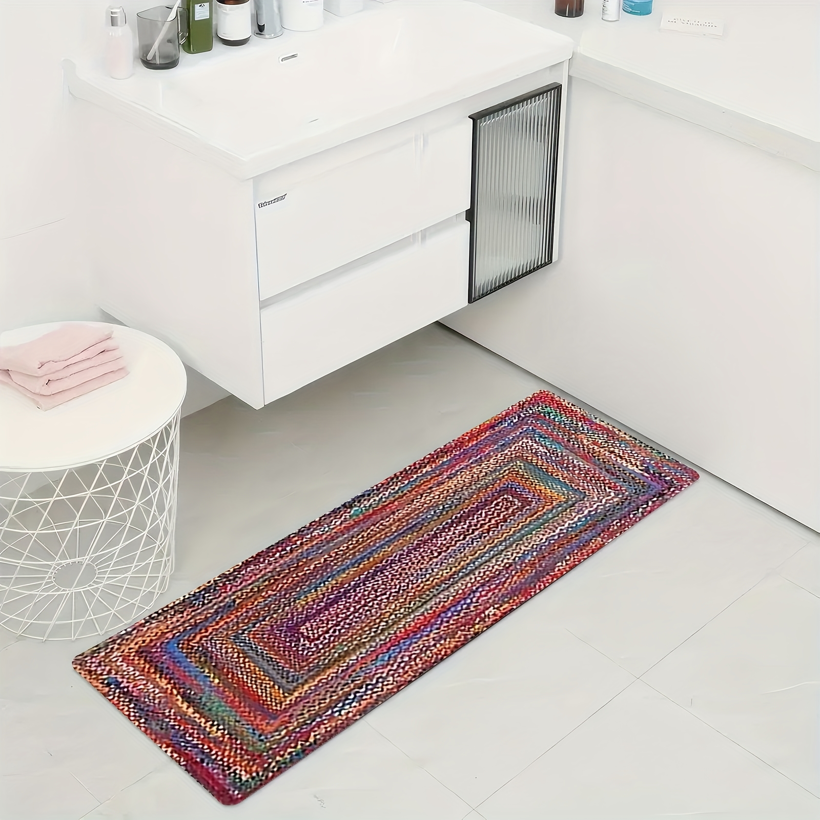 TEMU Multicolor Striped Mat - Soft Non-slip Farmhouse Woven Suitable, Bathroom, Bedroom, Living Room, Porch - Handmade Flannel Texture Easy Clean Warm Decor