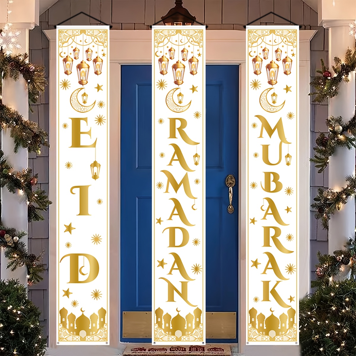 

3pcs, And Eid Banners, White And Golden Banners, Front Door Or Porch Decoration