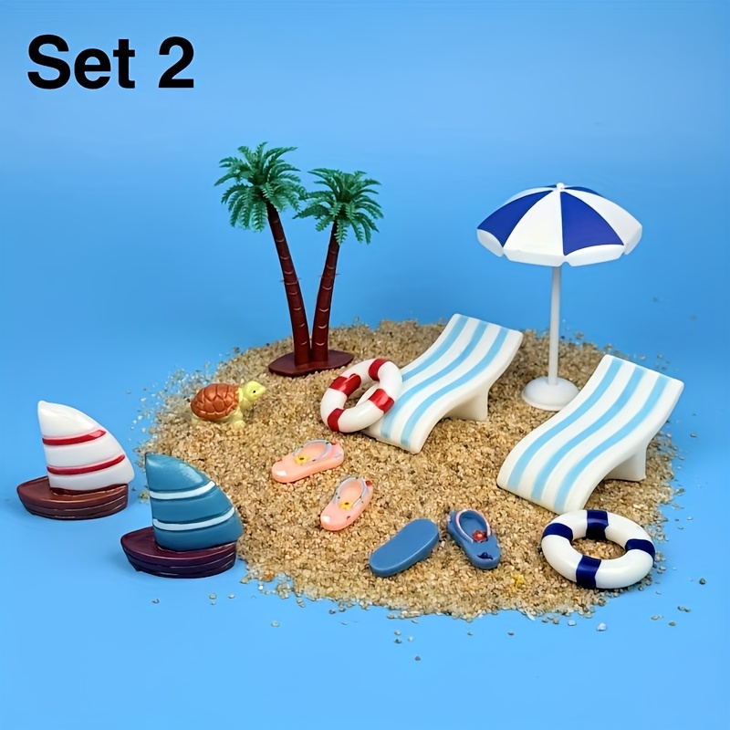 13pcs Beach Ornament Set Includes Beach Chairs, , Sun Umbrellas, Coconut Trees, Sailboats, Lifebuoys, And Other Landscape Ornaments, Photography Props