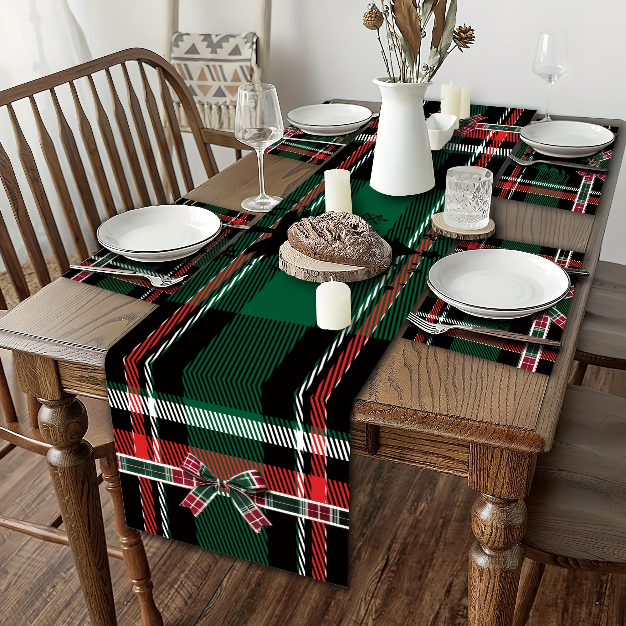 

1set/5pcs/4pcs/1pc Christmas Red And Bow Christmas Table Table Mat Set, Table , Polyester, -scald Mat, Dining Decoration, Decoration, And , Decoration,