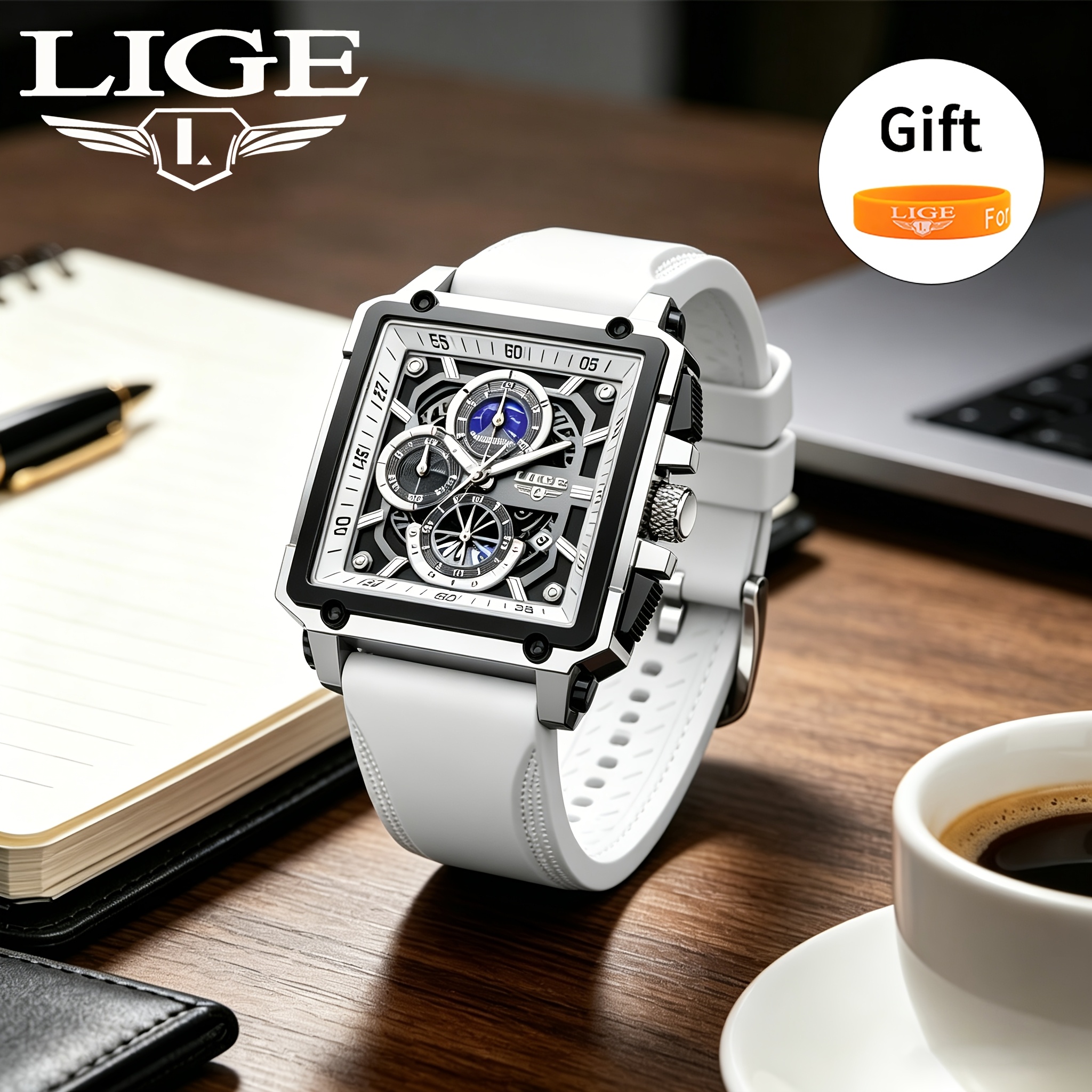 Lige Men's Quartz Watch Set (with Bracelet). It Features A Lightweight Hollow Dial Design, Integrating Moon Phase, Calendar And Multi-functional Chronograph. An Ideal Gift For Men And Women