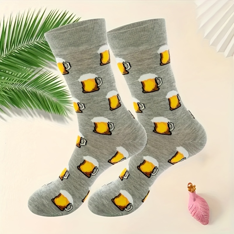 TEMU Men's Fashion Cartoon Beer Pattern Crew Socks - Breathable & Comfortable Polyester, Perfect For Casual Wear