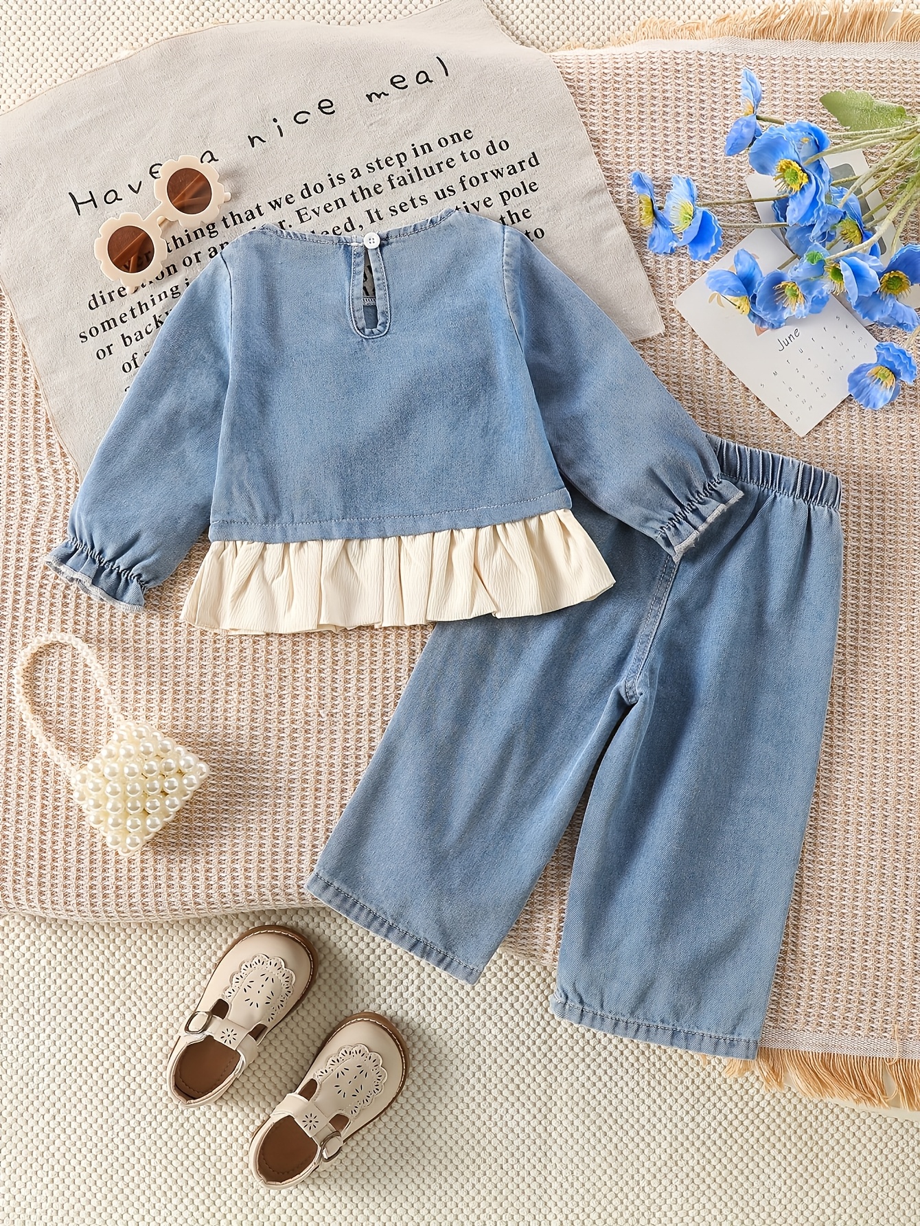 2pcs set for girls 0 3 years crew neck long sleeve denim top with ruffle and bow details casual denim pants comfortable soft durable fabric     for outdoor Product details 5