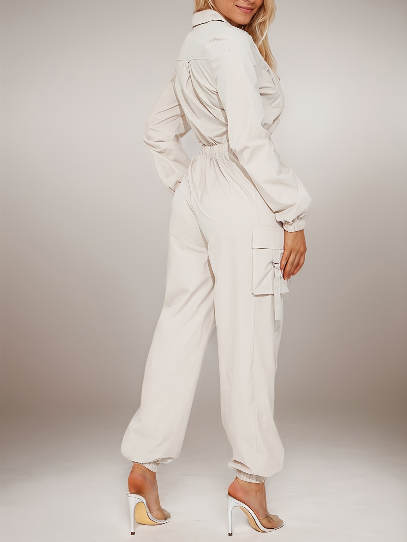 1pc vrouwen casual polyester jumpsuit met klepzakken, elastische taille en taps toelopende zoom - lange mouw, reverskraag, geritste enkel, geweven     eendelig voor weekendkleding 2