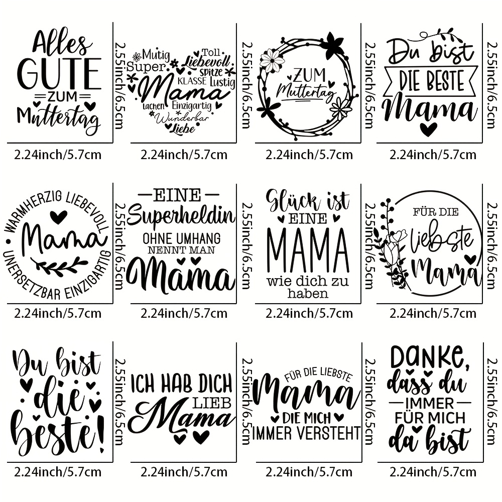 E-shop 12 Stück/ Aufbügelbare UV-DTF-Transferaufkleber, deutsche Muttertags-Mama-Themen-Wichtel-Muster-Aufkleber, Kunststoff-Abziehbilder mit