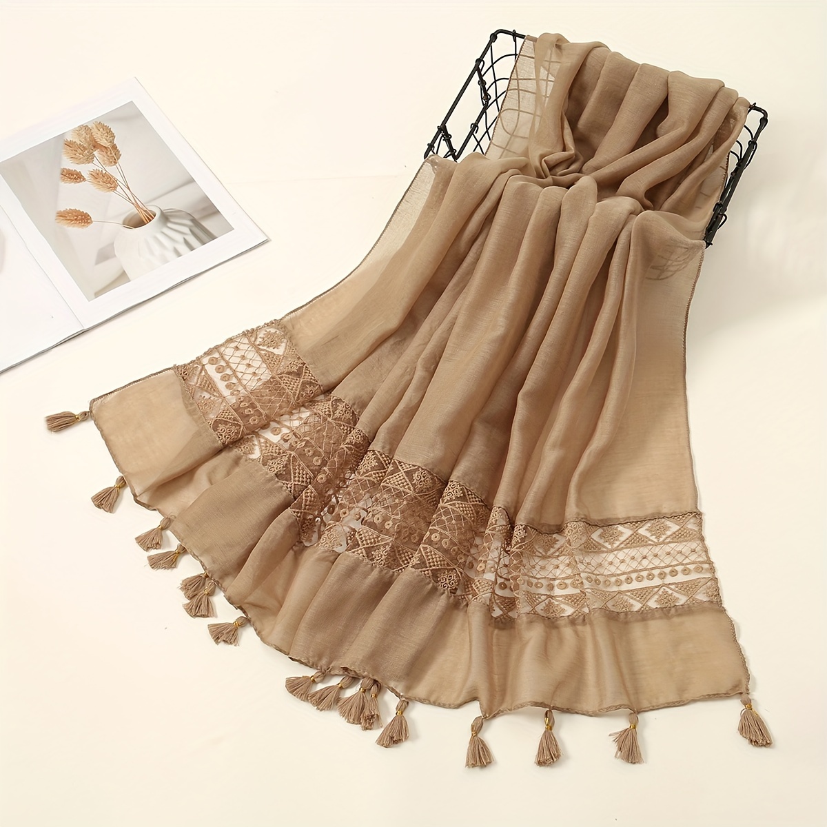 

Embroidery Hollow Lace Tassel Scarf Fashion Elegant Casual Cold Weather Scarves Wraps For Women For Eid