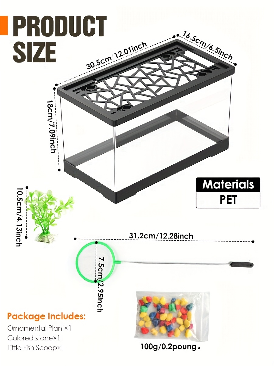 Aquarium Fish Tank Set, Includes a Covered Transparent Square Fish Tank, Fishing Net, Artificial Aquatic Plants, And Colorful Stones, Suitable for Keeping Goldfish, Bettas, Shrimp, Turtles, Hermit Crabs, And Aquatic Plants