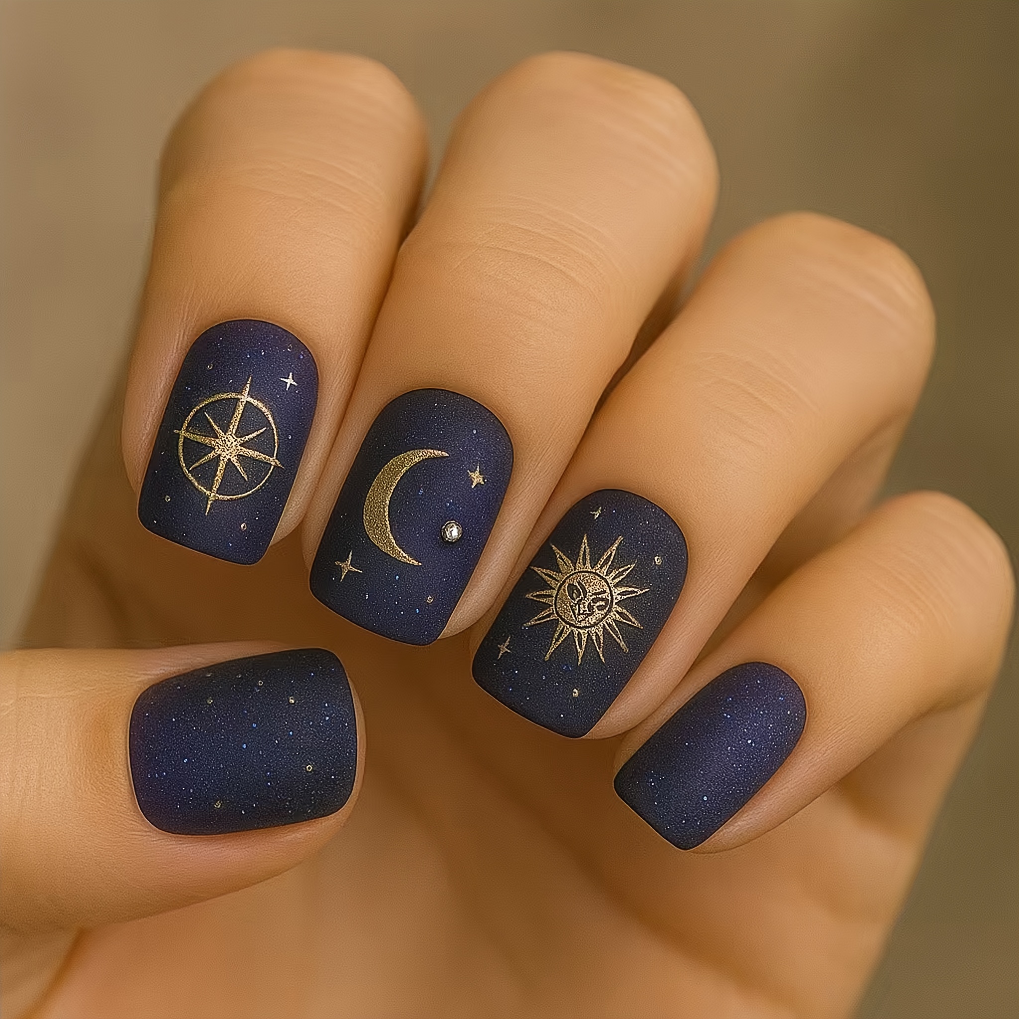 TEMU A Set Of 24 Short Square Press-on Nails Featuring A Blue Mysterious With Sun, Elegant Moon, And Sparkling Stars. Fashionable And Cute, Suitable