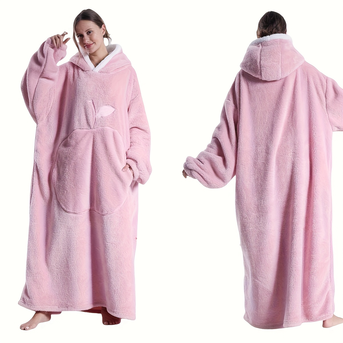 TEMU Cozy Plush Fleece Hooded Wearable Blanket Sweatshirt - Reversible Oversized Unisex Adult Wearable Throw With Kangaroo Pocket, Light Gray, Hand