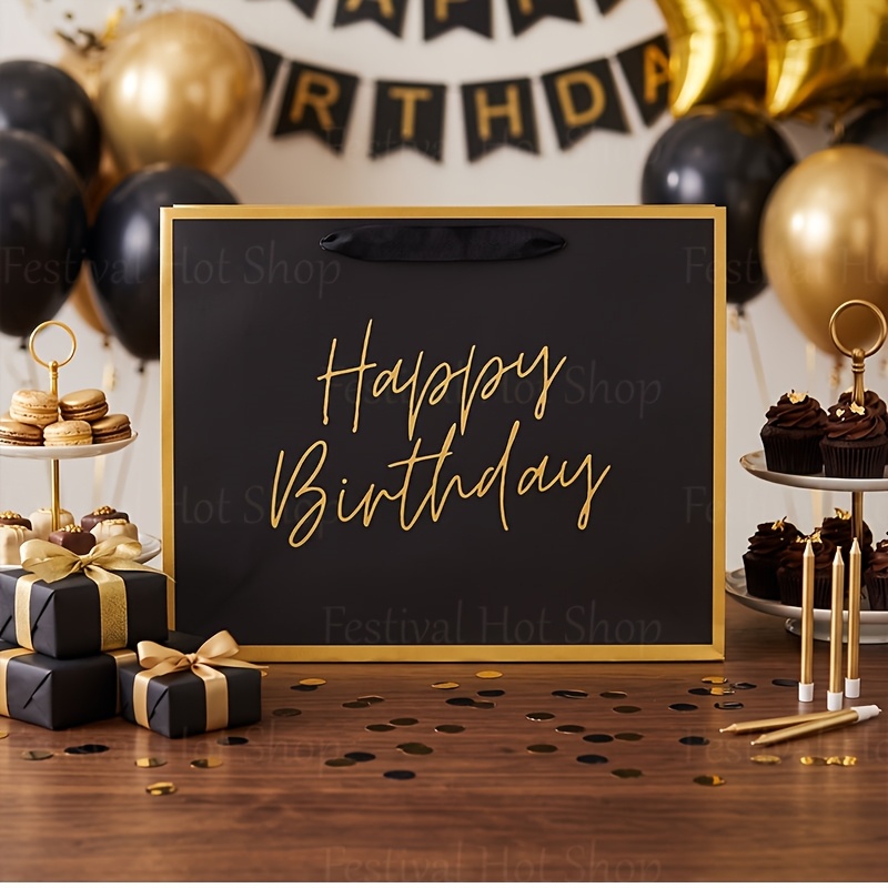 TEMU 1pc Birthday Gift Bag, Lightweight Foldable Black And Golden Paper Gift Bag, Luxurious With Hand Rope Reusable Shopping Bag, Suitable For