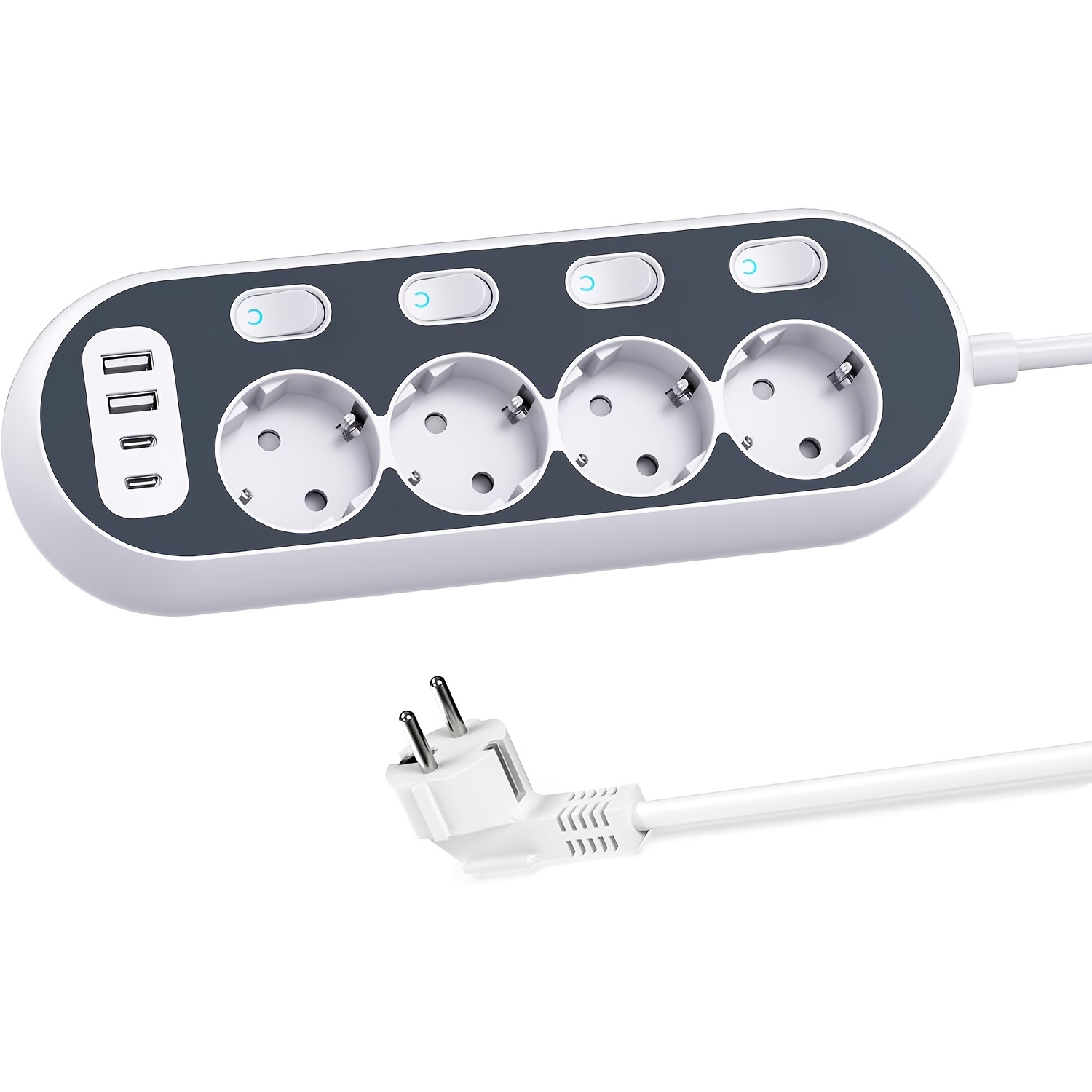 Image of 1.5m Long Cord Power Strip With 4 Ac Outlets, 2 Usb-c + 2 Usb-a Ports, 4 Independent Switches, Smart Fast Charging, Protector For Home Office Kitchen