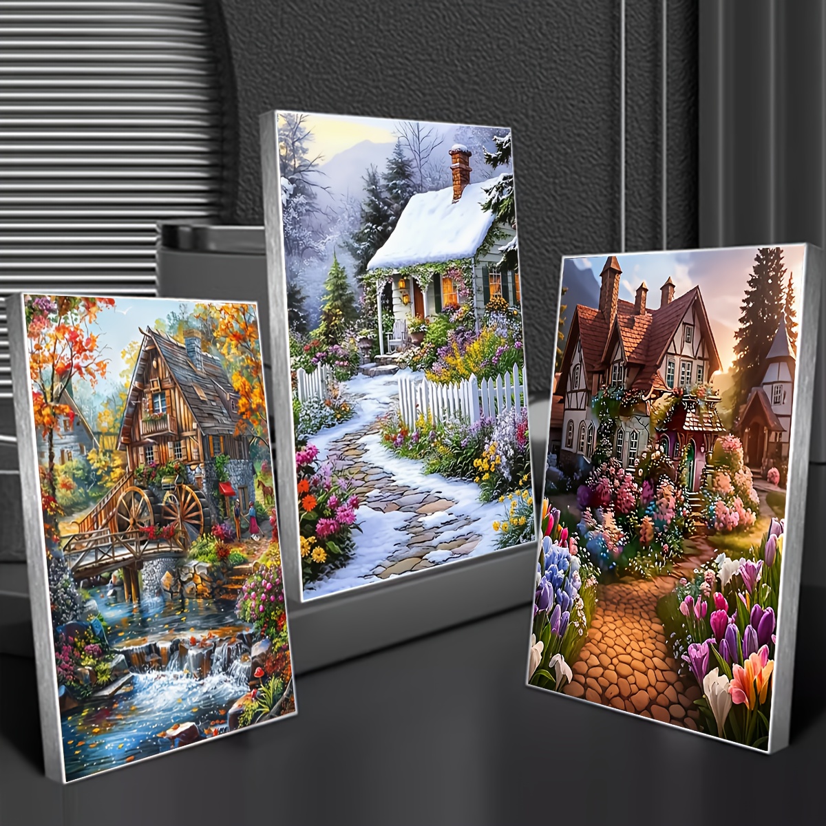 Image of 3pcs Of Diamond Painting With , Featuring A Scenic Winter Landscape With A Cottage, Mosaic Size 30*40cm/15.75*11.81in