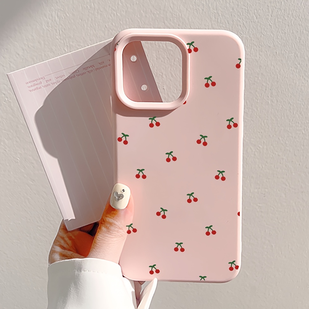 A Pink Cherry-Themed Phone Case That Is Shockproof And Made of Frosted Liquid Rice Material, Compatible with for iphone 16 Pro Max, 15, 14 Plus, 13, 12, And 11. It Makes a Great Christmas Gift, New Year Gift, Easter Gift, Or Halloween Gift for Friends And