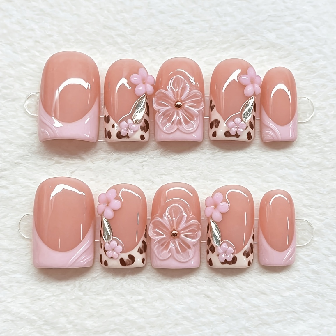TEMU 10pcs Short Square Press-on Nails In Nude Pink, Translucent Pink, And Nude With Leopard Print, Three-dimensional Flowers, And Metallic Leaf