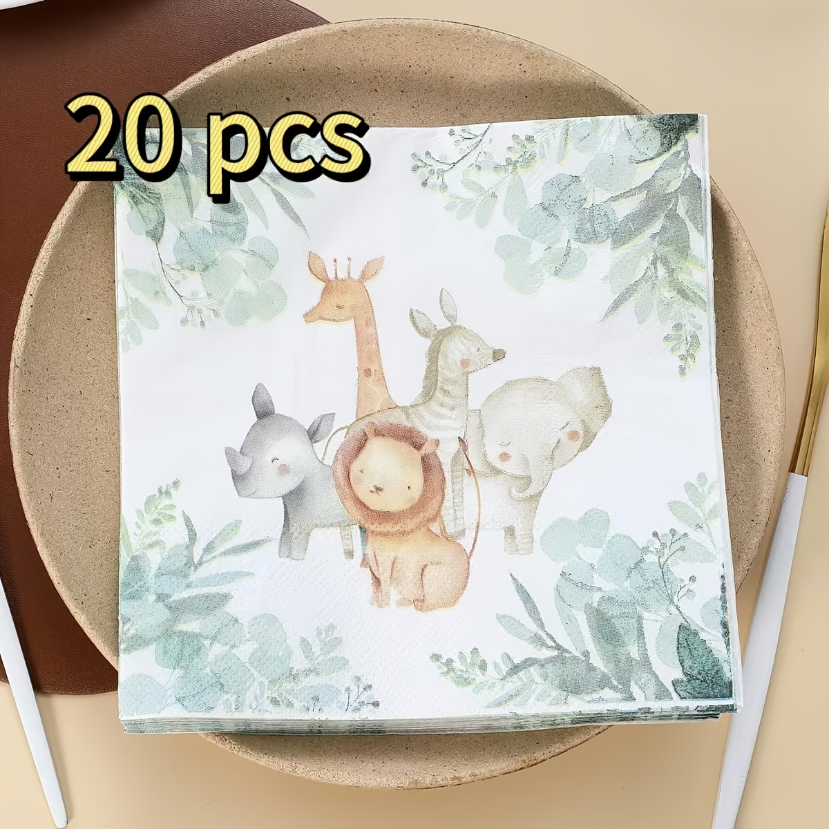 Image of 20pcs Animal Printed Napkins - Soft, Absorbent Paper Towels With Giraffe, Hippo, Lion, Elephant & Zebra Designs For Parties, Western Restaurants, And Bakeries