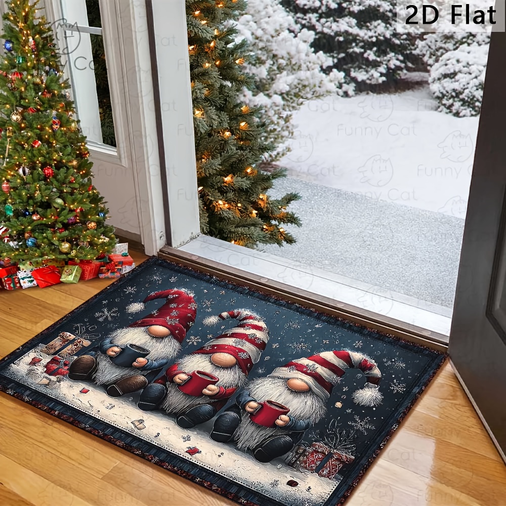 Image of 2d Flat 1pc, Christmas Gnome Welcome Doormat, 3 Christmas Gnome Christmas Gift , Christmas Decoration Floor Mat, Christmas Gift, Xmas Non-slip Washable Christmas Ornament Doormat, 2d Flat