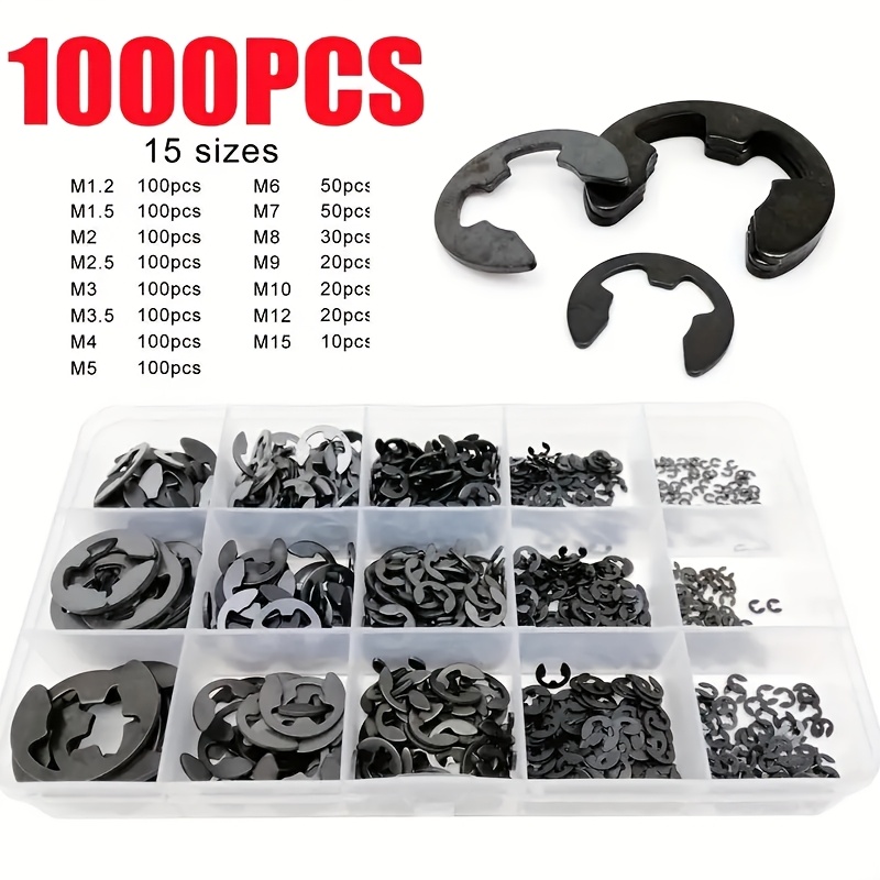 1000pcs Electrapick Carbon Steel Washer Assortment Kit, Sizes M1.2 To M15, Black External Retaining Ring Snap Ring Circlip For Shaft Assembly