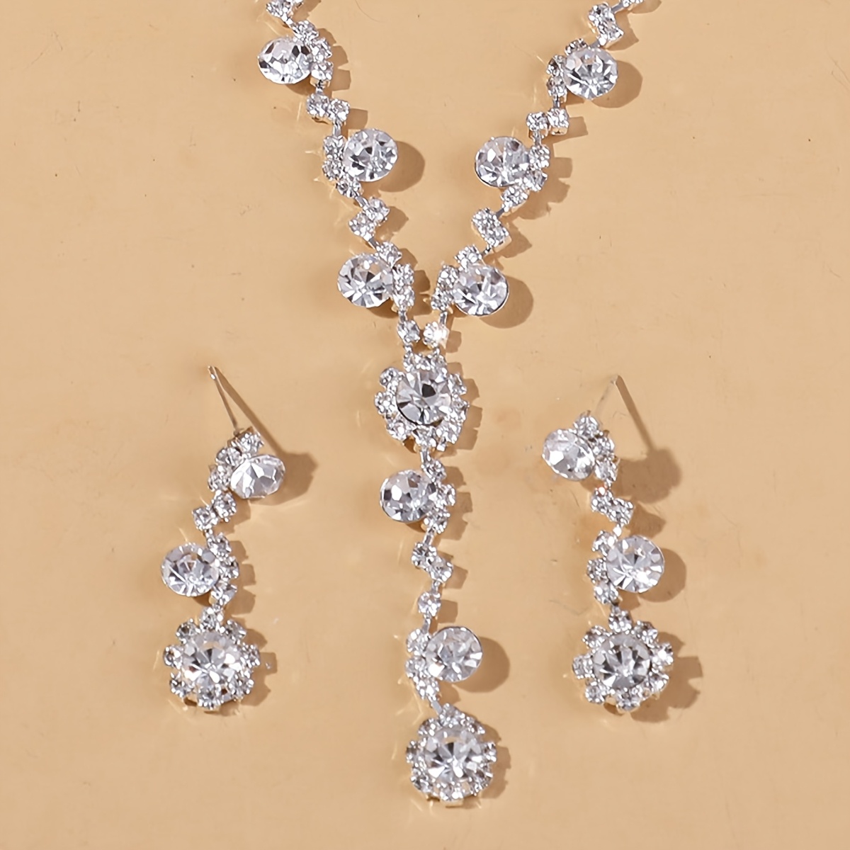 Silver Rhinestone Heart Necklace Earrings Set