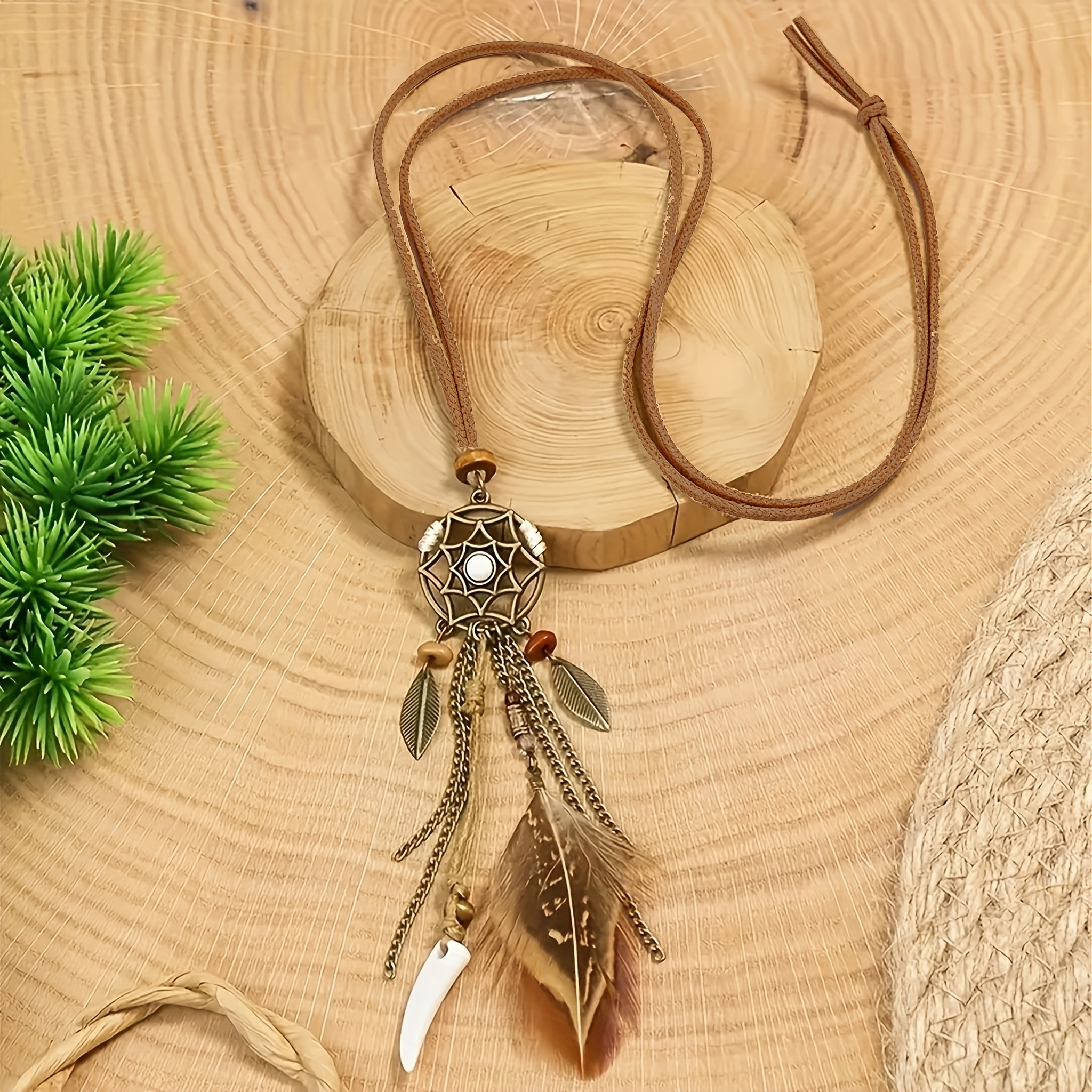 TEMU Collar con colgante de plumas y bohemio, cadena larga de cuerda estilo vintage, joyería unisex