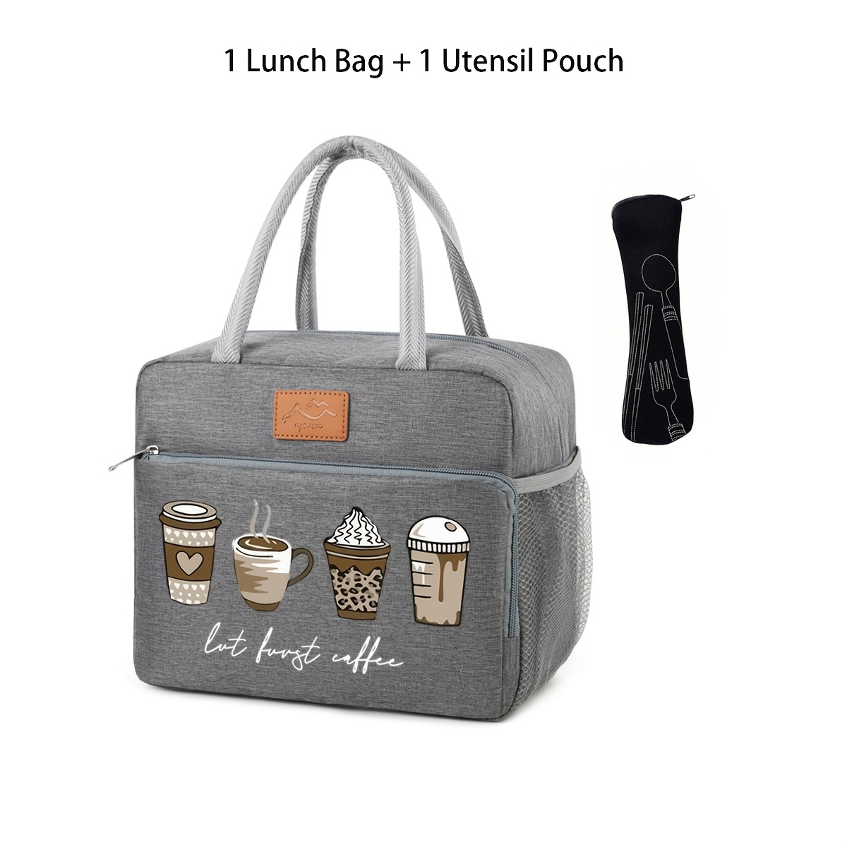TEMU Bolsa de almuerzo con diseño de " Tazas de Café", Gran Capacidad con Múltiples Bolsillos, Fiambrera Aislada para , Bolsa de Picnic Portátil para