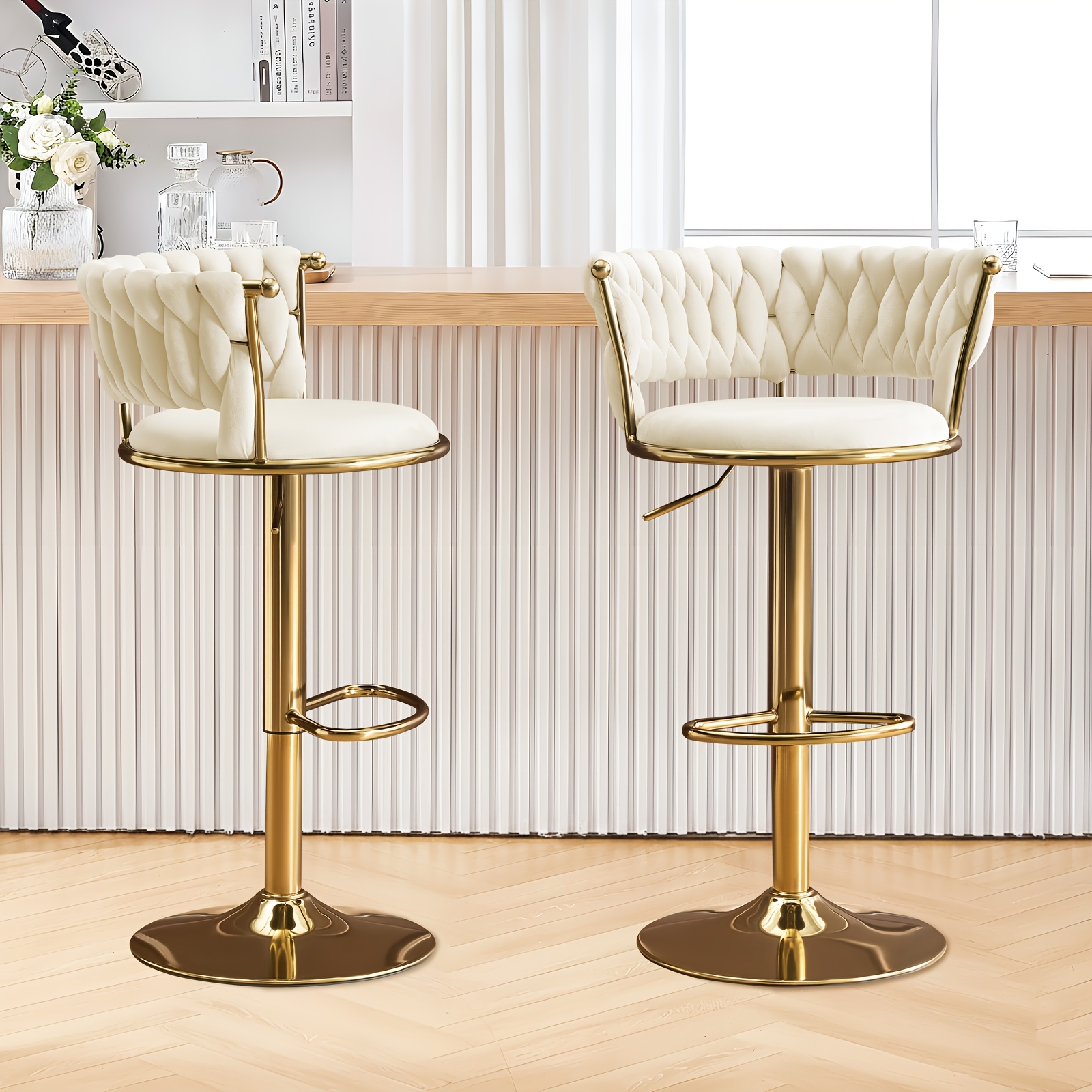 TEMU Luxury Woven Velvet Swivel Bar Stools Set Of 2/4/6, Adjustable Height And Spin, Golden Metal Legs, High Backrest Counter Stools For Kitchen