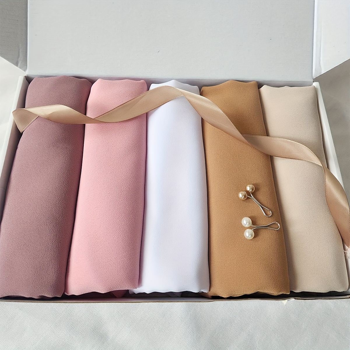 

5pcs Elegant Chiffon Scarves With 2pcs Hijab Pins Combination, Solid Color Lightweight Shawls For Women, Versatile Daily Wear, Boxed Gift Gifts For Eid