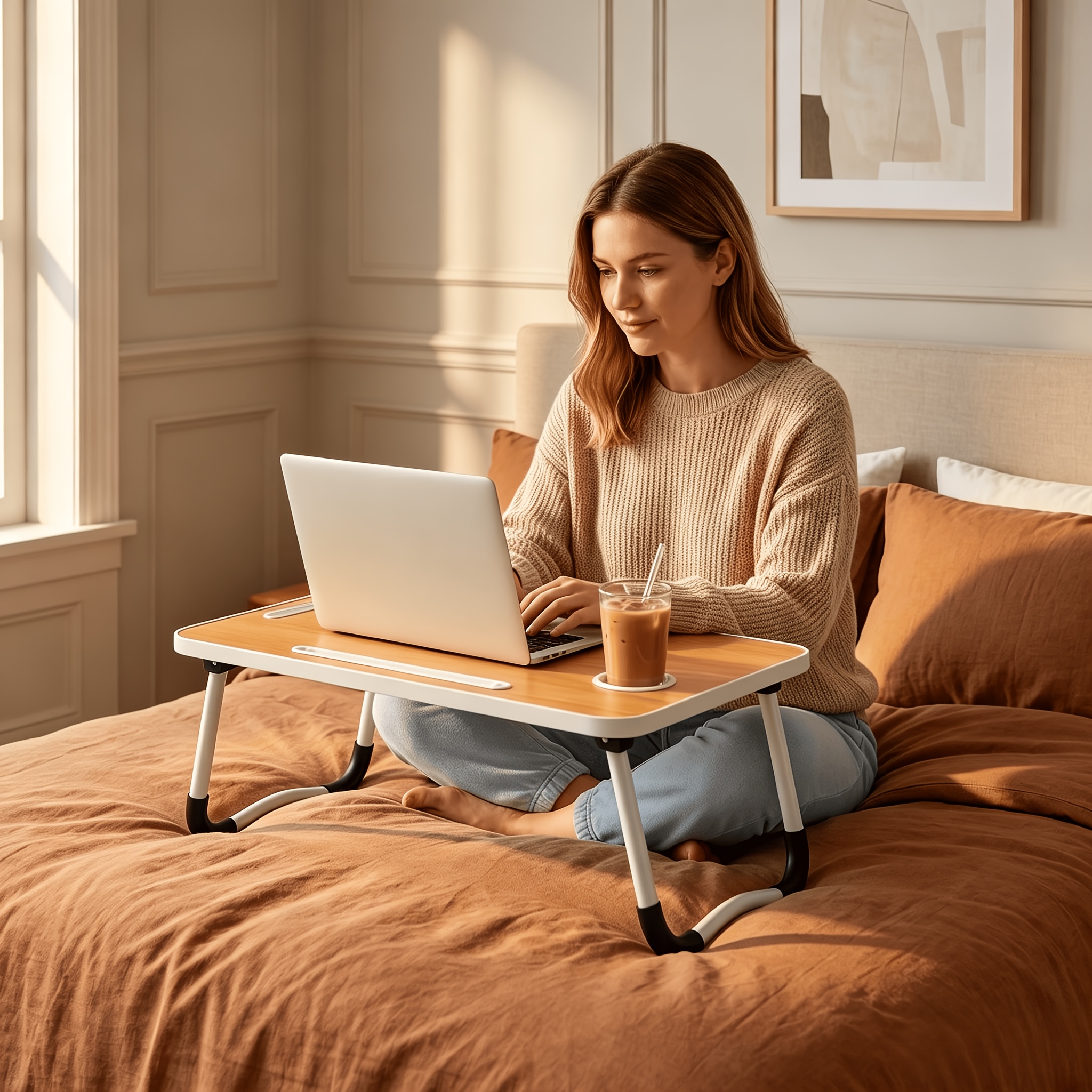 item picture portable folding lap desk laptop bed desk with cup holder tablet slot storage drawer multi functional bed tray table for dorm home office sofa floor