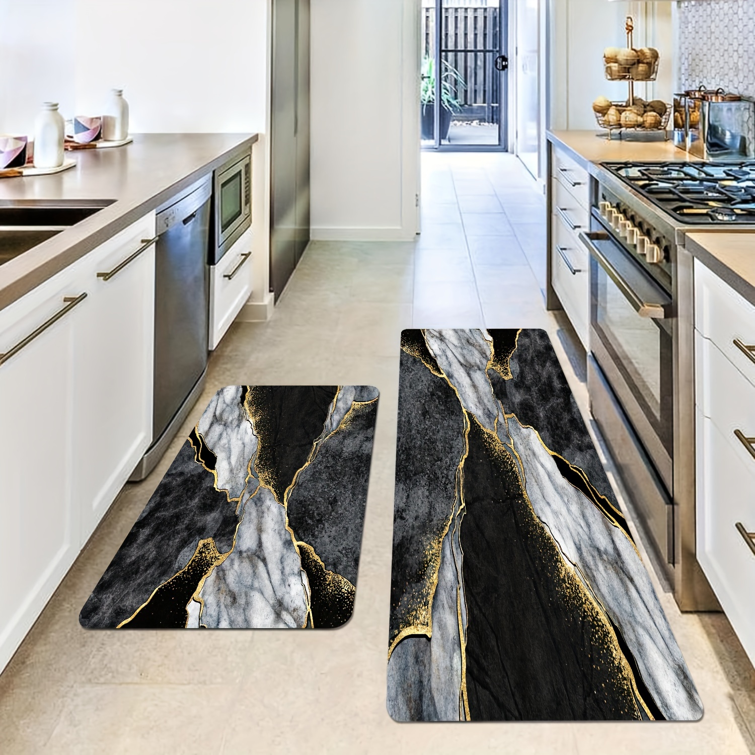 

Luxury Black Grey Golden Marble Pattern Bath Rug Set - Fade Resistant, Knit Fabric, Polyester, Non-slip Backing, 580gsm, 1cm Thick, Rectangle Shape - Ideal For Home And Kitchen Decor