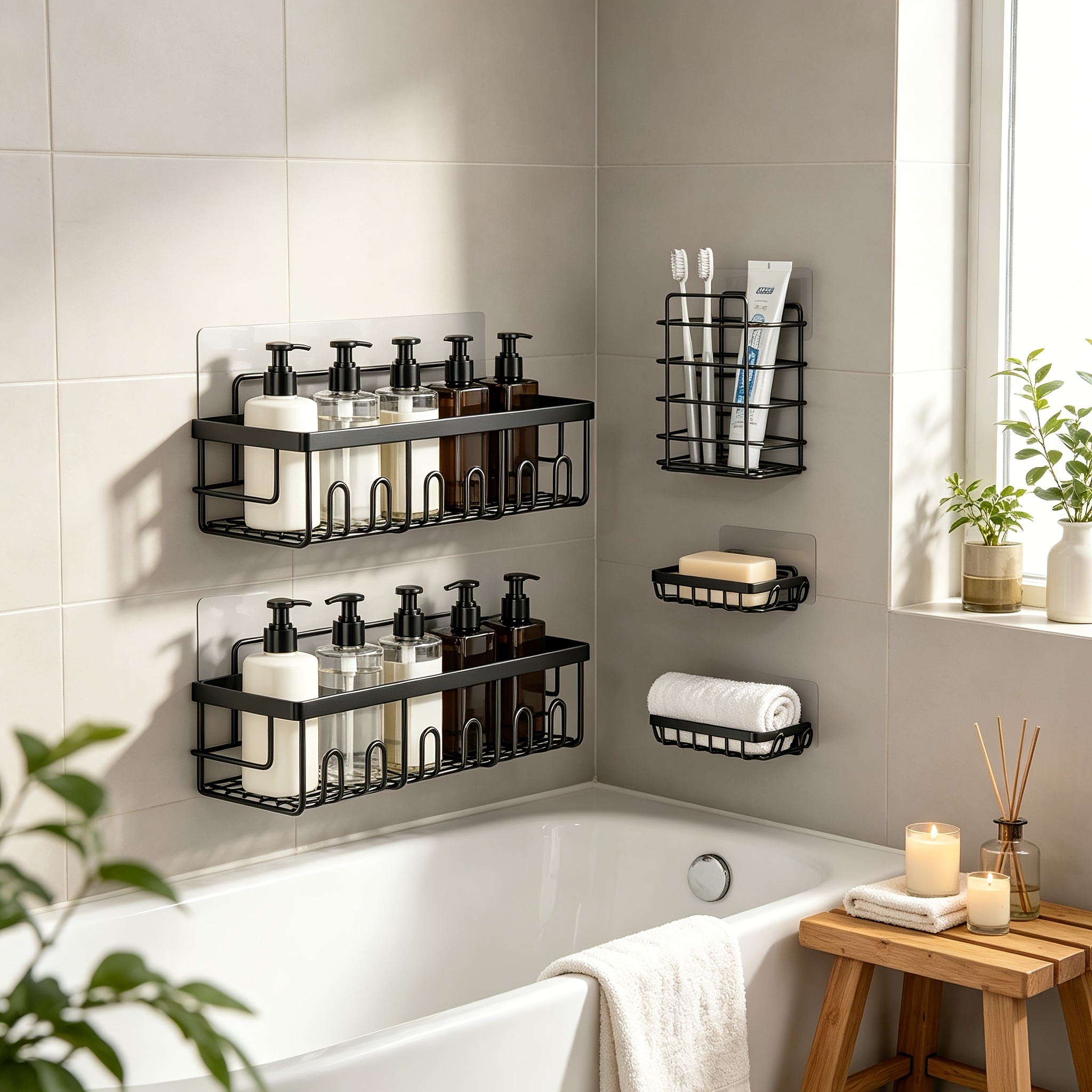 TEMU Lot de 5 (5 étagères) Panier de douche adhésif mural avec porte-savon et porte-brosse à dents - Installation perçage, étagères de salle de bain