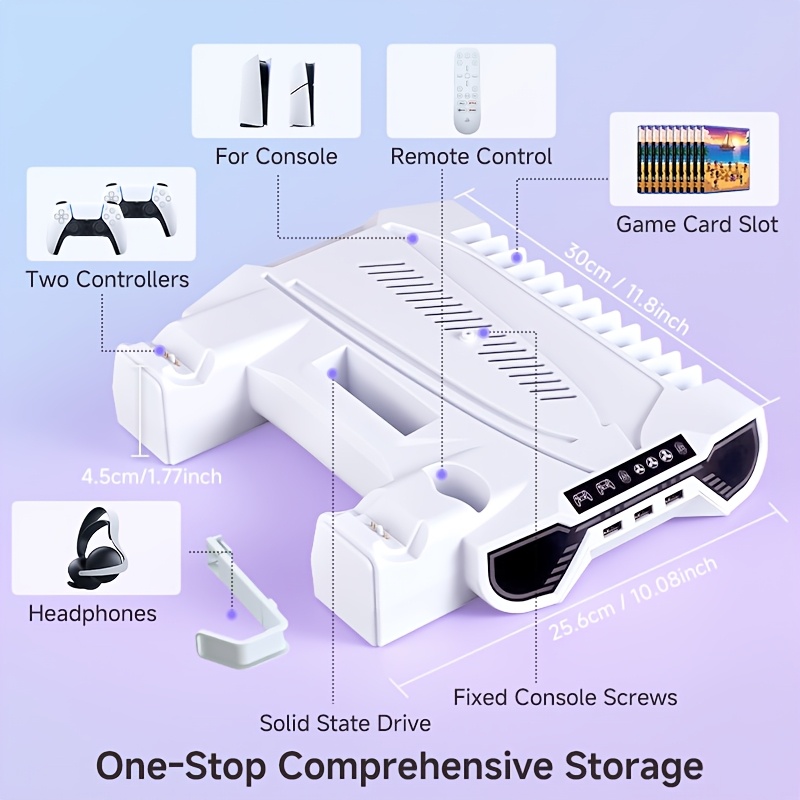 Koel- en Oplaaddock voor PS5/Slim, Met Turbine Koelontwerp, RGB Sfeerverlichting, Meerdere Intelligente Oplaadbeveiligingen, LED Oplaadindicator, Draadloze Controller Oplaaddock voor Dubbele Controllers, Hoofdtelefoonstandaard en Andere PS5 Accessoires