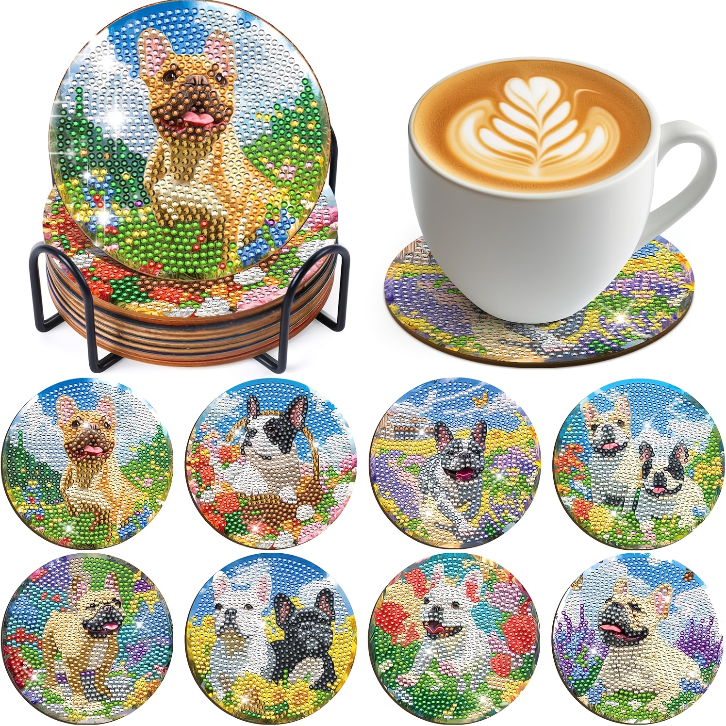 TEMU Sitsink Dog Coaster -8 French Bulldog With Flower Diamond Painting Coaster With Bracket Small Gemstone Diamond Craft Set Suitable For Adult Men
