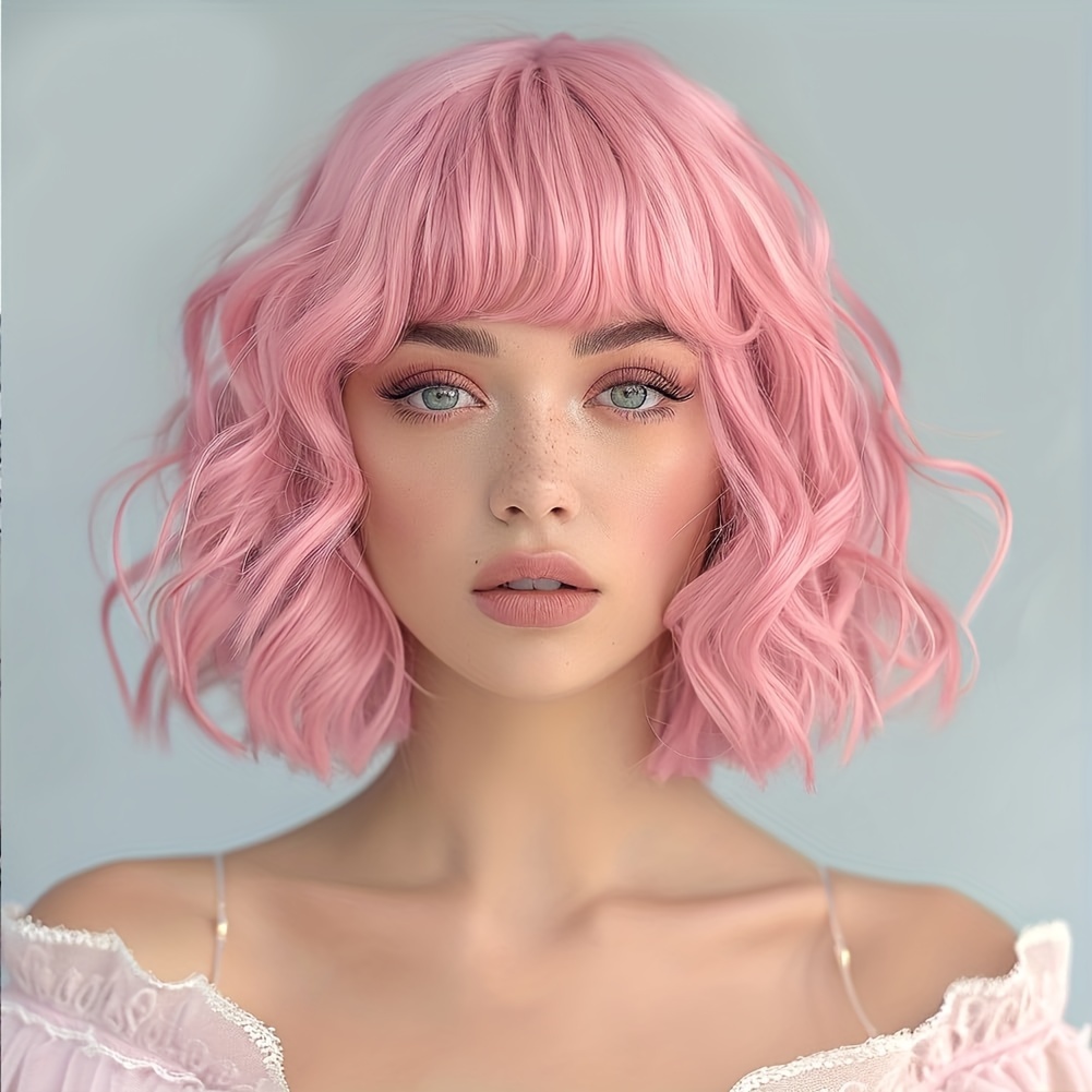 

Women's Pink Bob Wig With Bangs, Elegant Curly Wave, 150% Density, Cap, Silk, All , No Lace, Full Headpiece, Beauty & , Hair Extensions & Accessories