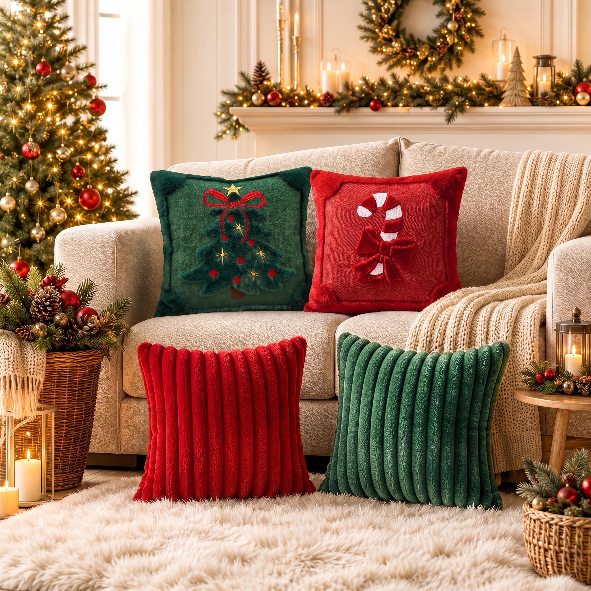 TEMU 4pcs Plush Christmas Throw Pillow Covers, Embroidered Xmas Tree And Candy Cane Cushion Cases, Soft Striped Fuzzy Decorative Pillowcases, Festive