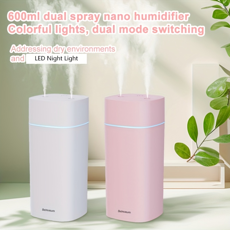 600ml Portable USB Dual-Hole Spray Humidifier, Silent Soundwave technology Cool Mist with Color-Changing Lights, Dual Mode Switching, Auto Power Off, Up to 6h Runtime, Aromatherapy Compatible – Ideal for Home/Indoor Plants & Desktop Use, Humidifier For Room, Humidifier Pink, Aroma Humidifier, Humidifier For Bedroom, Air Humidifier, Humidifier And Air Purifier, Diffuser For Home Fragrance, Diffuser For Essential Oil