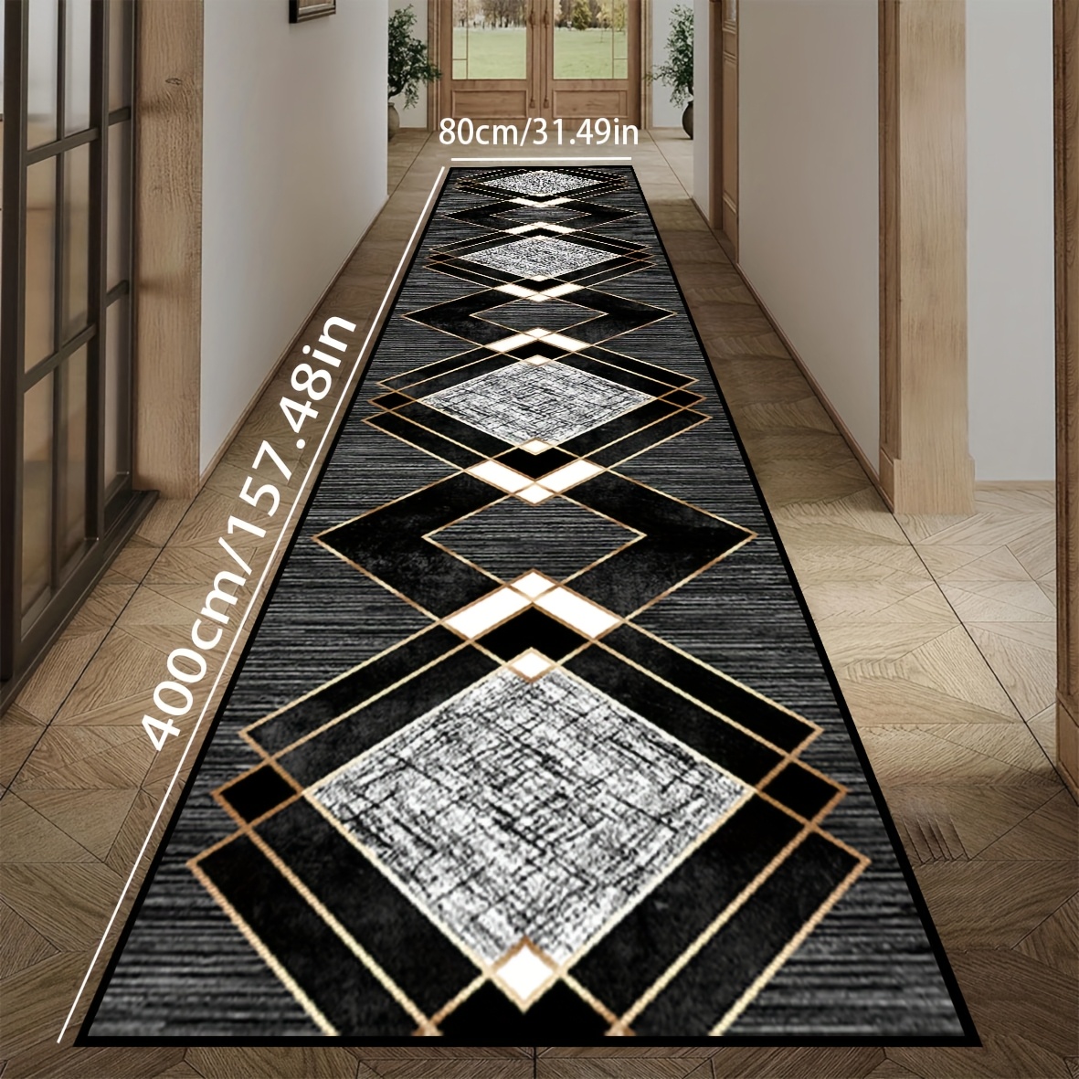 E-shop 1 Stück Luxus Geometrische Maschinenwaschbare Flurläufer, Schwarz & Gold Modernes Design Langer Teppich für Schlafzimmer, Wohnzimmer,