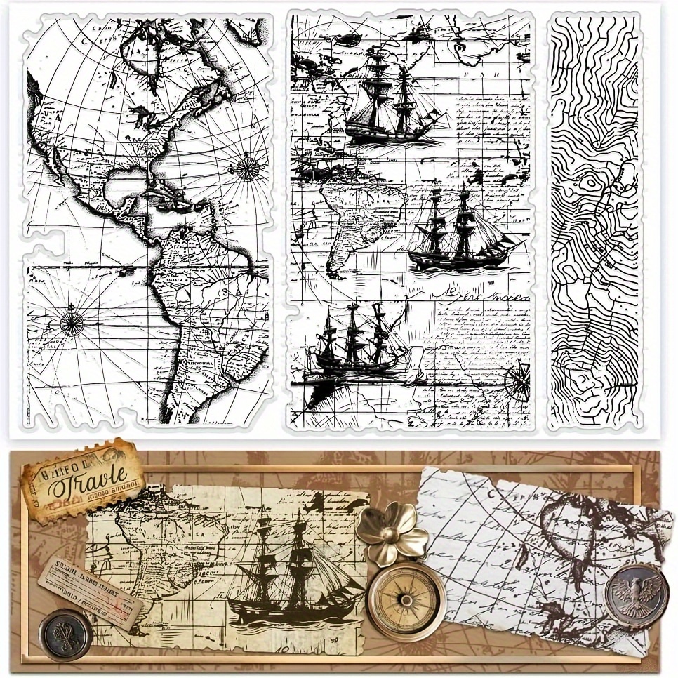 

1pc Vintage Map And Sailboat Transparent Stamps Set, Pvc Material, For Scrapbooking, Journaling, And Photo Decoration Art Tools