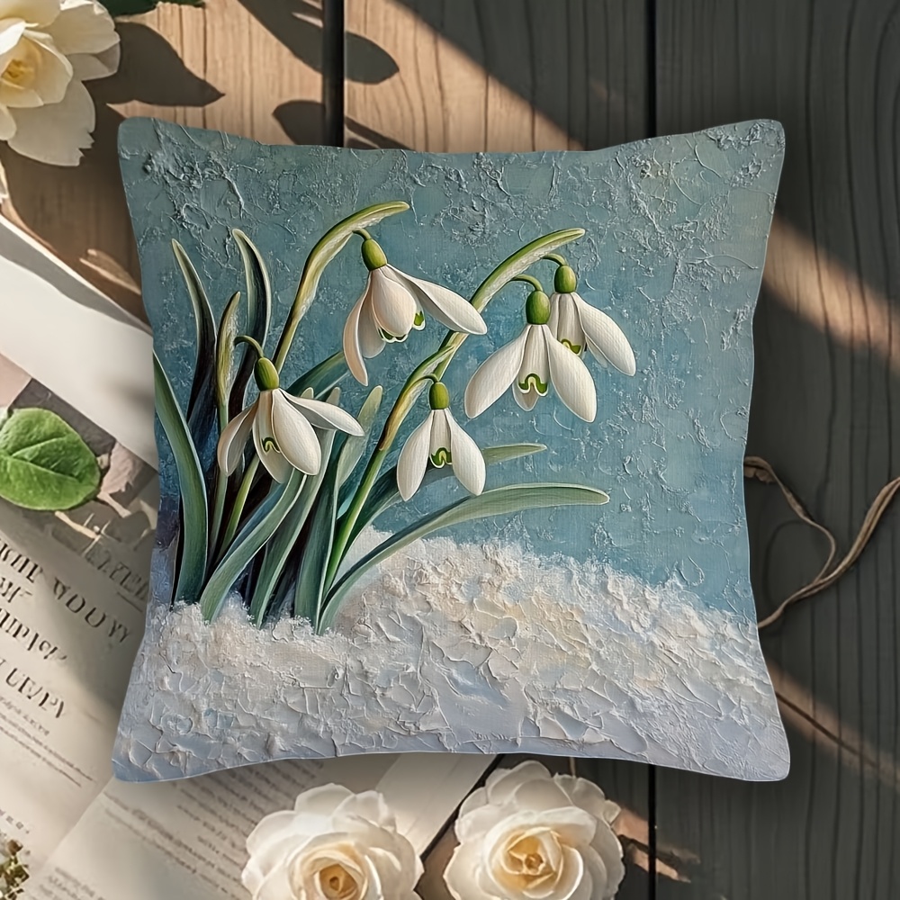 

1pc Snowdrop Throw Pillow Cover, 18x18 Inch, Super Soft Short Plush, Double-sided Watercolor Art, Contemporary Style, Machine Washable, Zipper Closure, Woven Polyester, Decor - No Insert