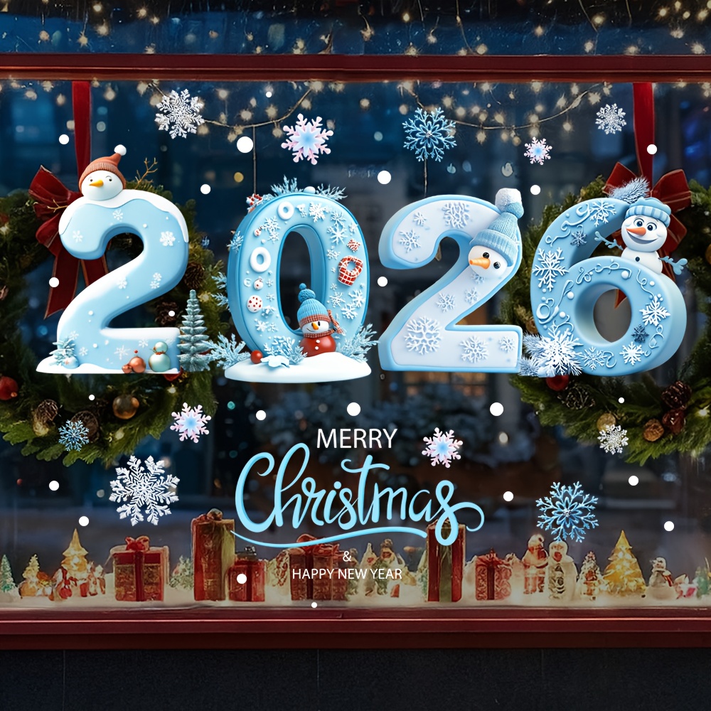 2026 Kerst & Nieuwjaar Glasstickers - Winter Sneeuwvlokken en IJsman Zelfklevende Onregelmatige Vorm Glitter Matte Afwerking met 2026 Nummer Ontwerp, Wit Winters Thema Met Pinguïns, Hulstbladeren En Sneeuwvlokken Eénmalig Gebruik voor Deuren Spiegels Glassoppervlakken Feestelijke Decoratie Makkelijk Plakbaar Geen Restanten Herbruikbaar (Papieren Materiaal) Ideaal voor Thuis- en Zaakdecor, Kerst Sneeuwpop Decoraties,Grote Kerstvensterstickers van Cadeaus,