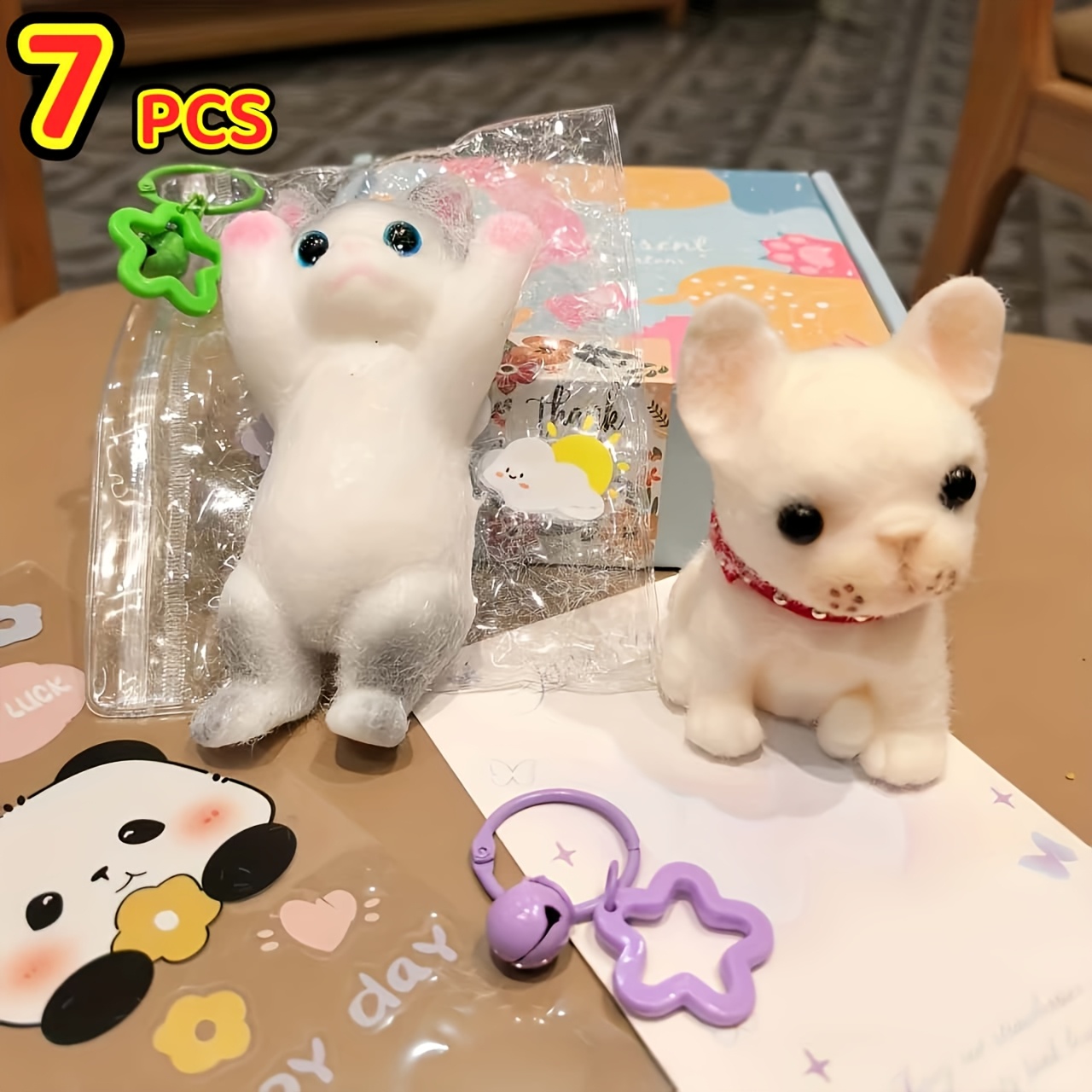 TEMU 7pcs Combo Set (cat + Puppy +2 Bells +2 Animal Stickers +1 Cardboard) Taba Squeeze Toy Kawaii Cute Soft Decompression Toy Set, Taba Toy Birthday