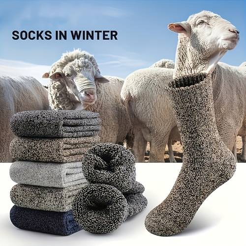 5 pairs mens thick wool blend socks cozy calf winter socks with 15 wool 5 spandex 80 polyester soft warm casual socks for cold weather gift ready packaging dark blue brown navy blue beige socks
