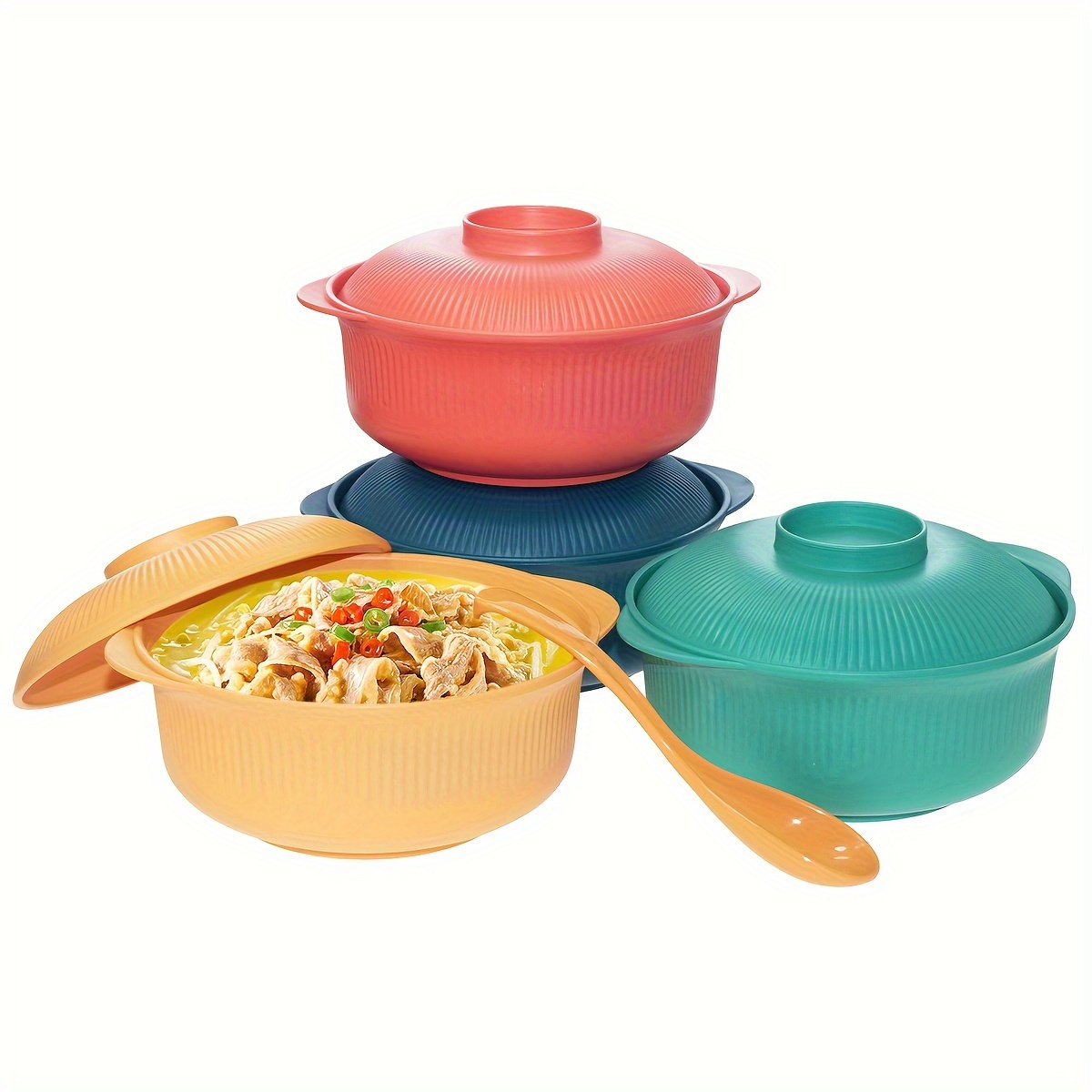 

1pc Large Capacity Striped Plastic Soup Bowl With Lid And Spoon, 38oz Scratch-resistant Pp Material, Novelty Shaped Casserole Dish For Students, Cafeteria, And Takeout