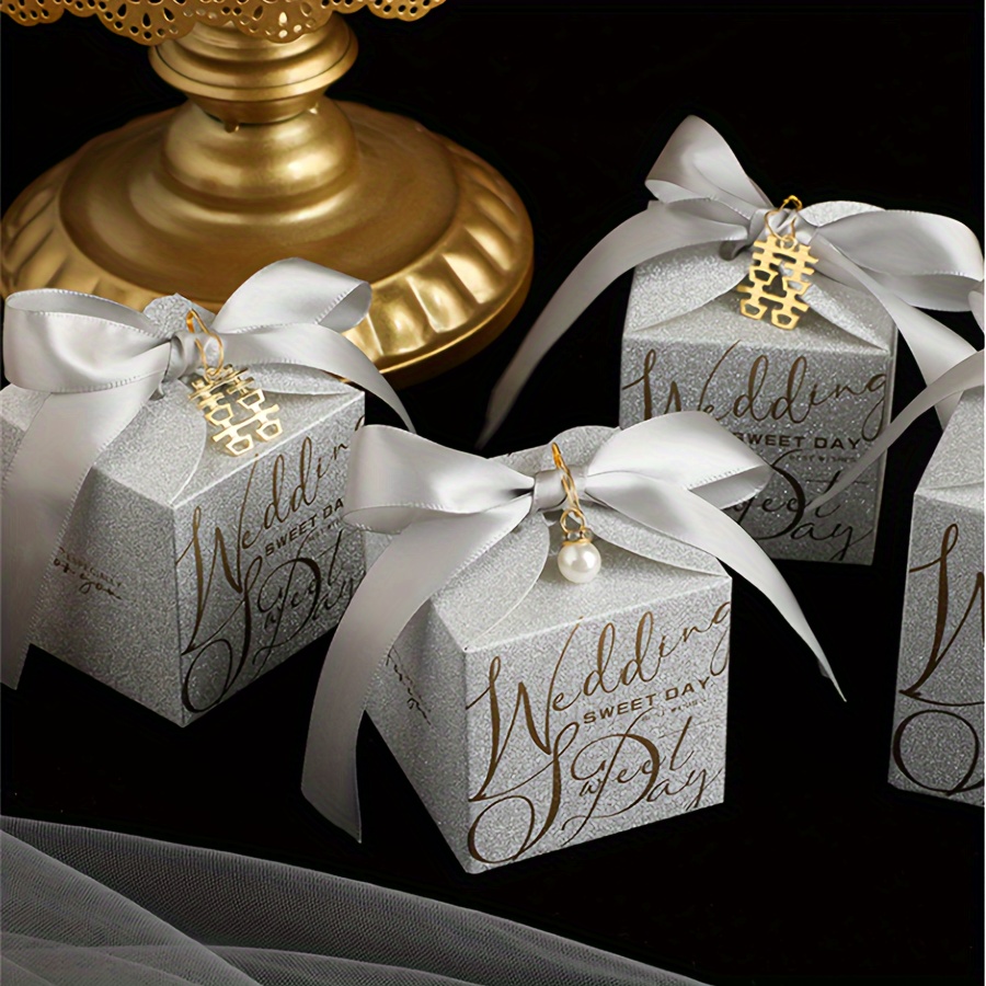 

50pcs Elegant Golden & Silvery Foil Chocolate Boxes With Pearls And Ribbons - Weddings, Valentine's Day, Bridal