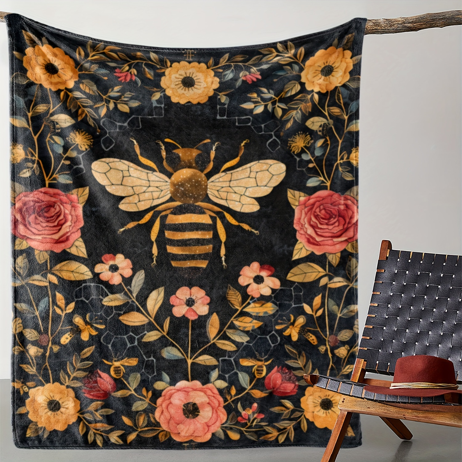 

Vintage Flannel Throw Blanket With Bee And Floral Print - Soft, Warm, Comfortable Digital Printed Polyester Bed Sofa Blanket For Office, Camping, Travel - Unique Gift For All